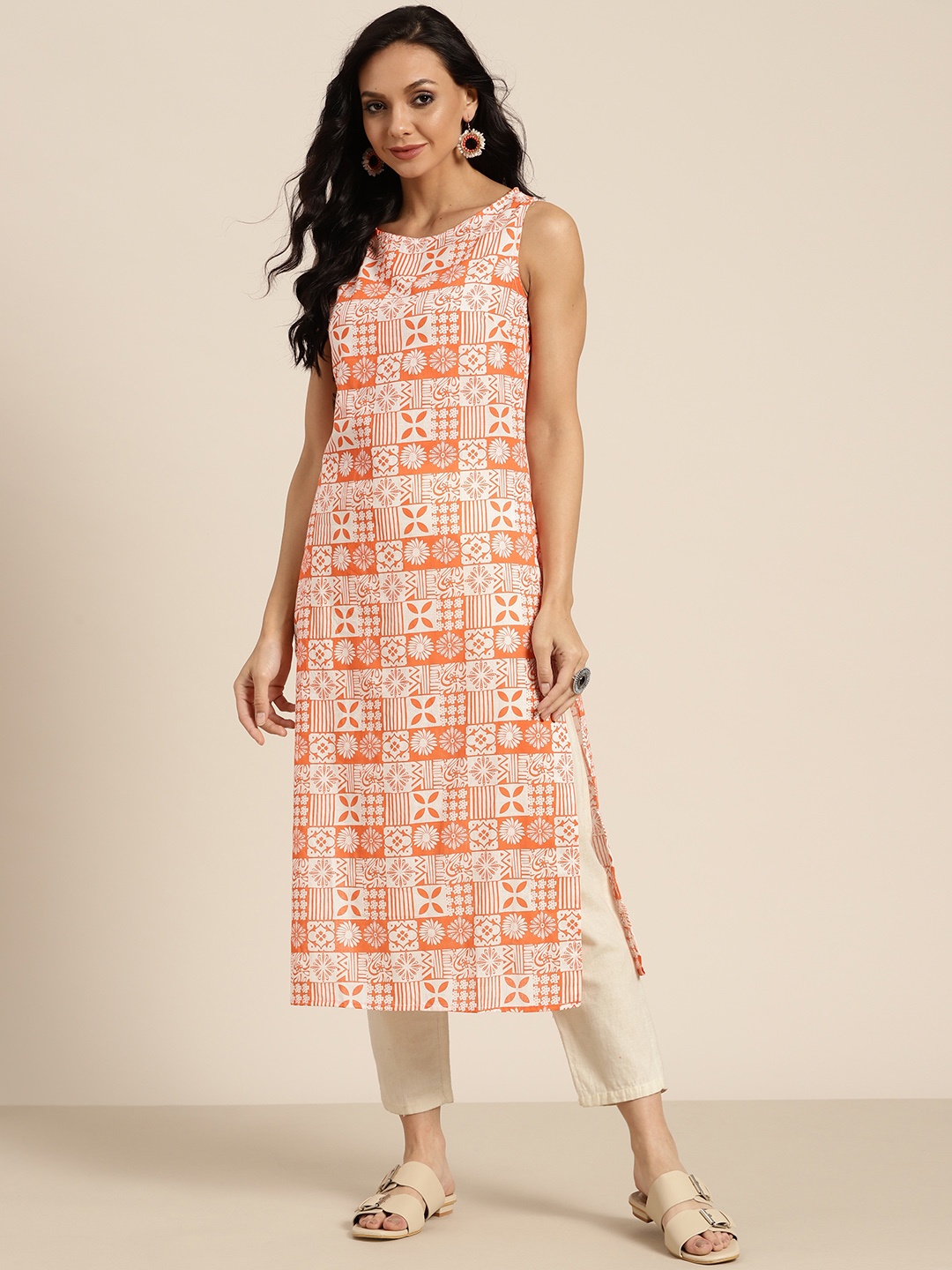 

Sangria Women Orange & White Pure Cotton Ethnic Motifs Printed Kurta