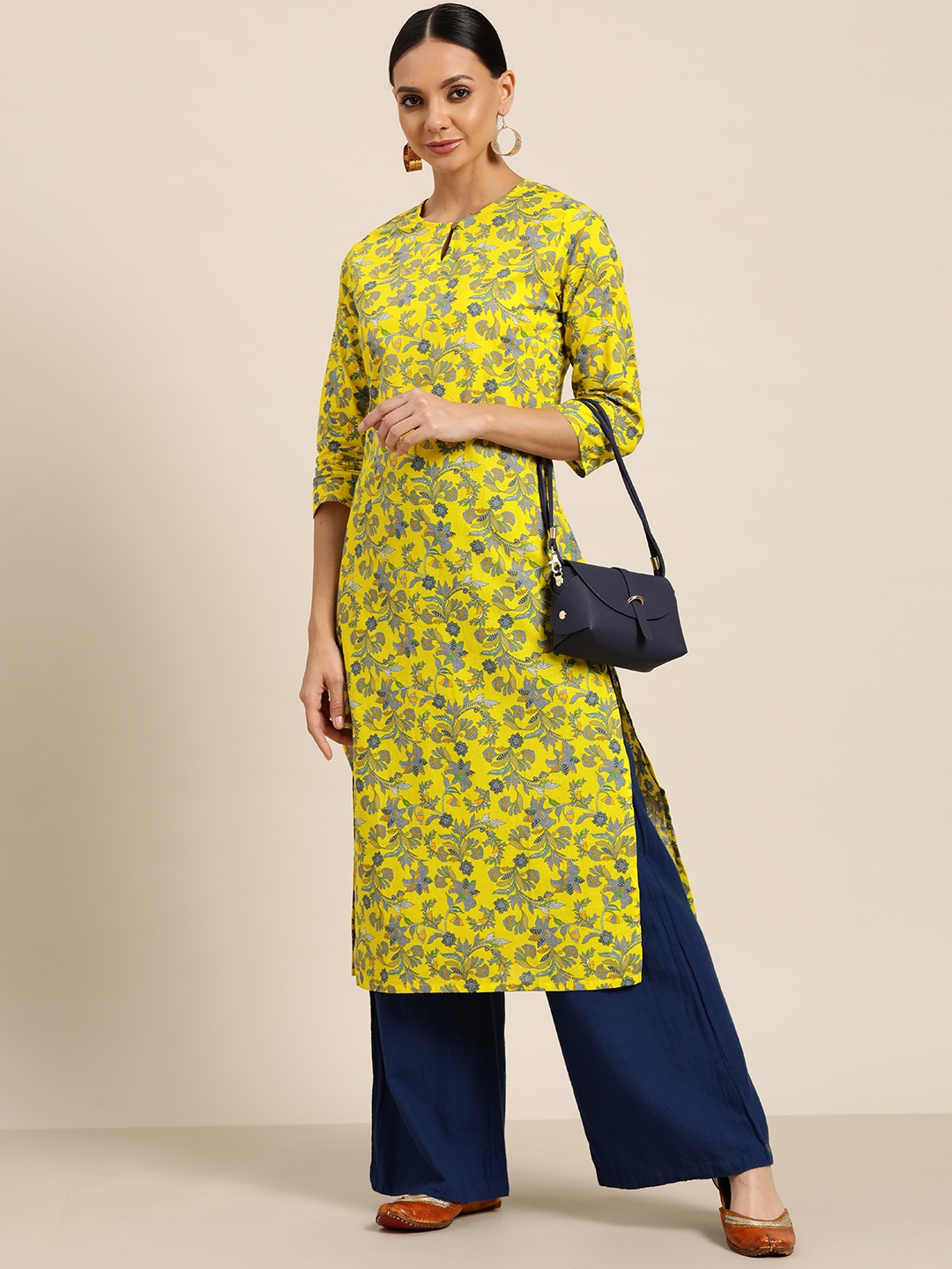 

Sangria Women Blue & Grey Ethnic Motifs Printed Cotton Kurta, Lime green