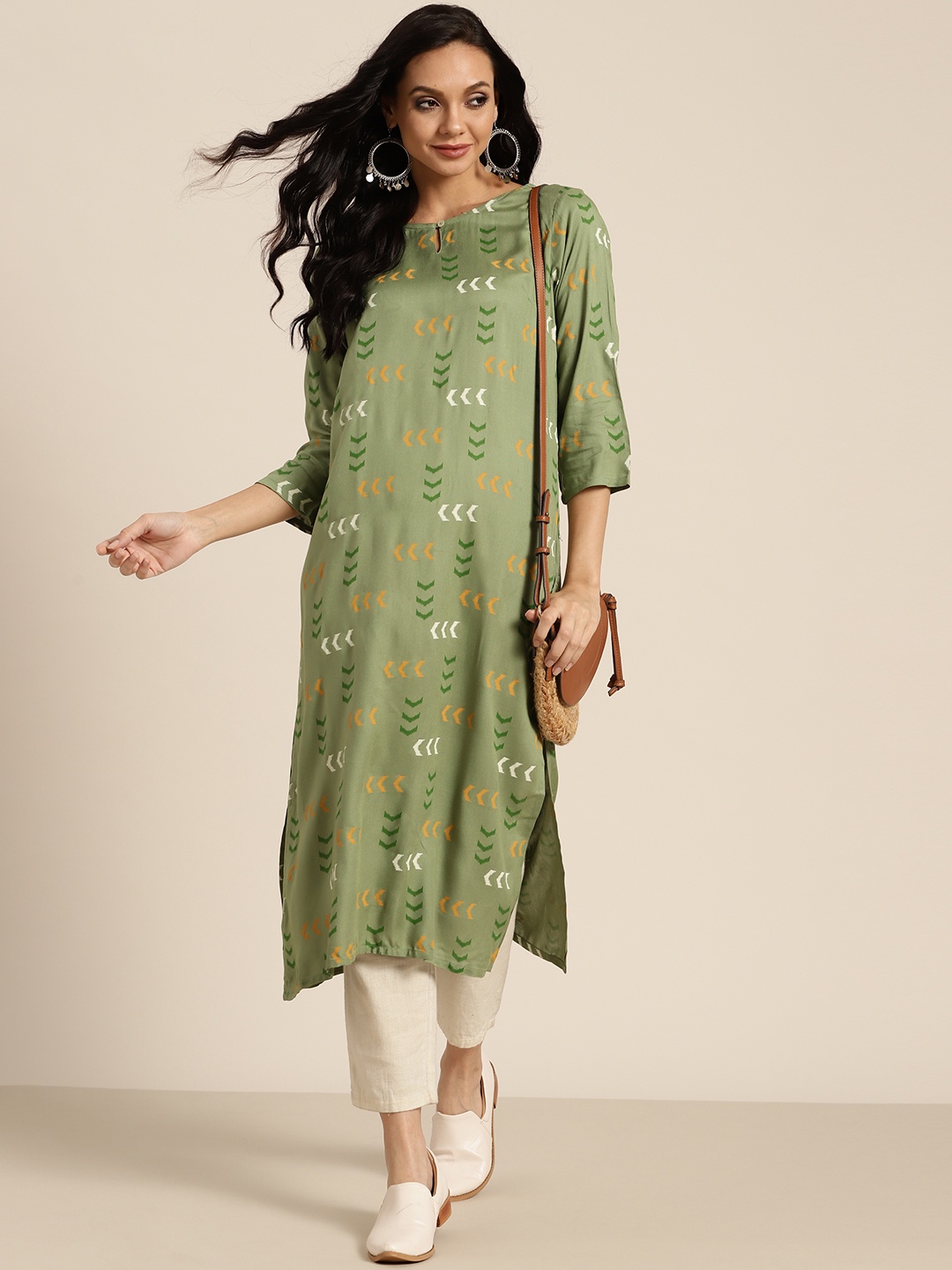 

Sangria Women Green & Mustard Yellow Geometric Printed Kurta