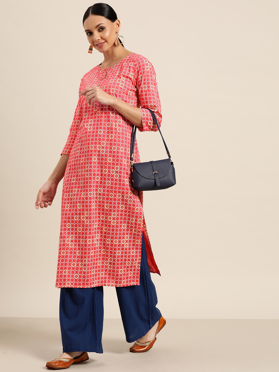 

Sangria Women Pink & White Pure Cotton Ethnic Motifs Printed Kurta