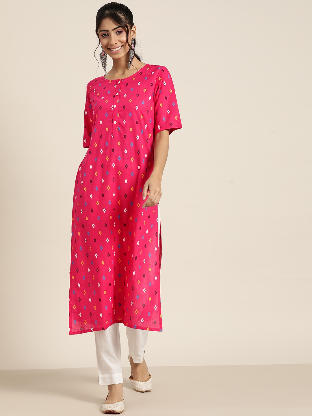 

Sangria Women Pink & Blue Pure Cotton Geometric Print Straight Kurta