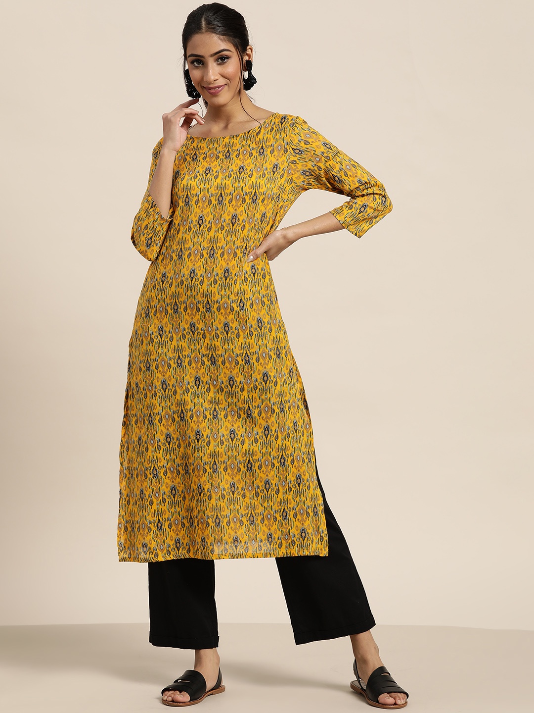 

Sangria Women Mustard Yellow & Blue Pure Cotton Ethnic Motifs Printed Kurta