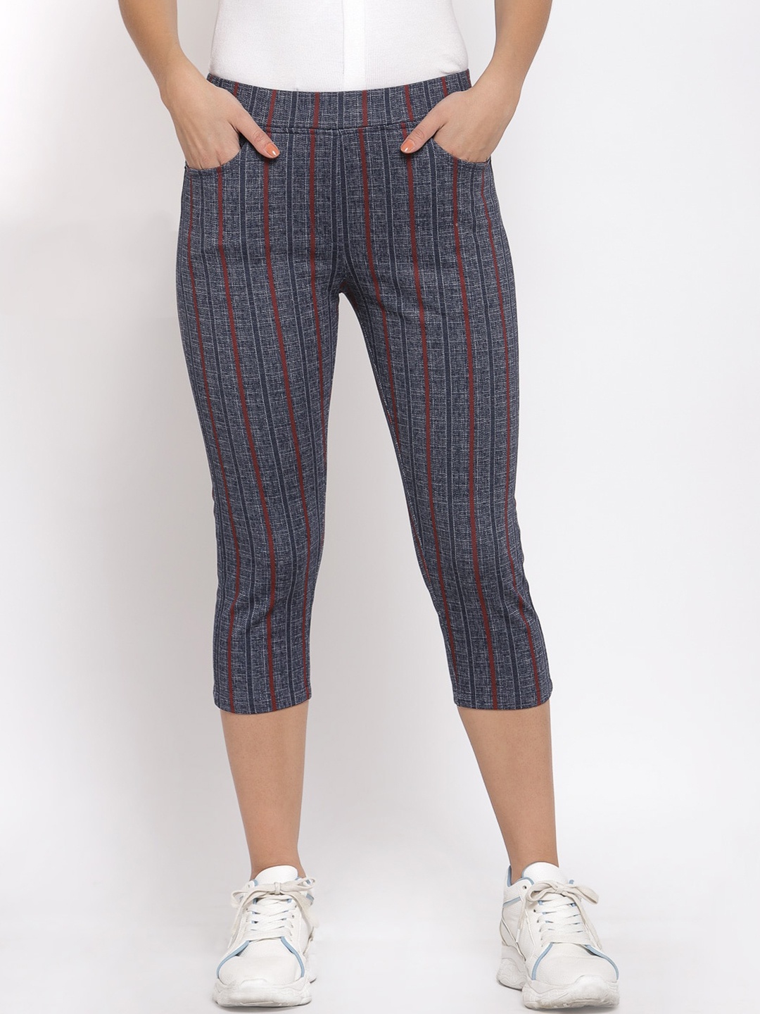 

Westwood Women Blue & Maroon Striped Skinny Fit Capris