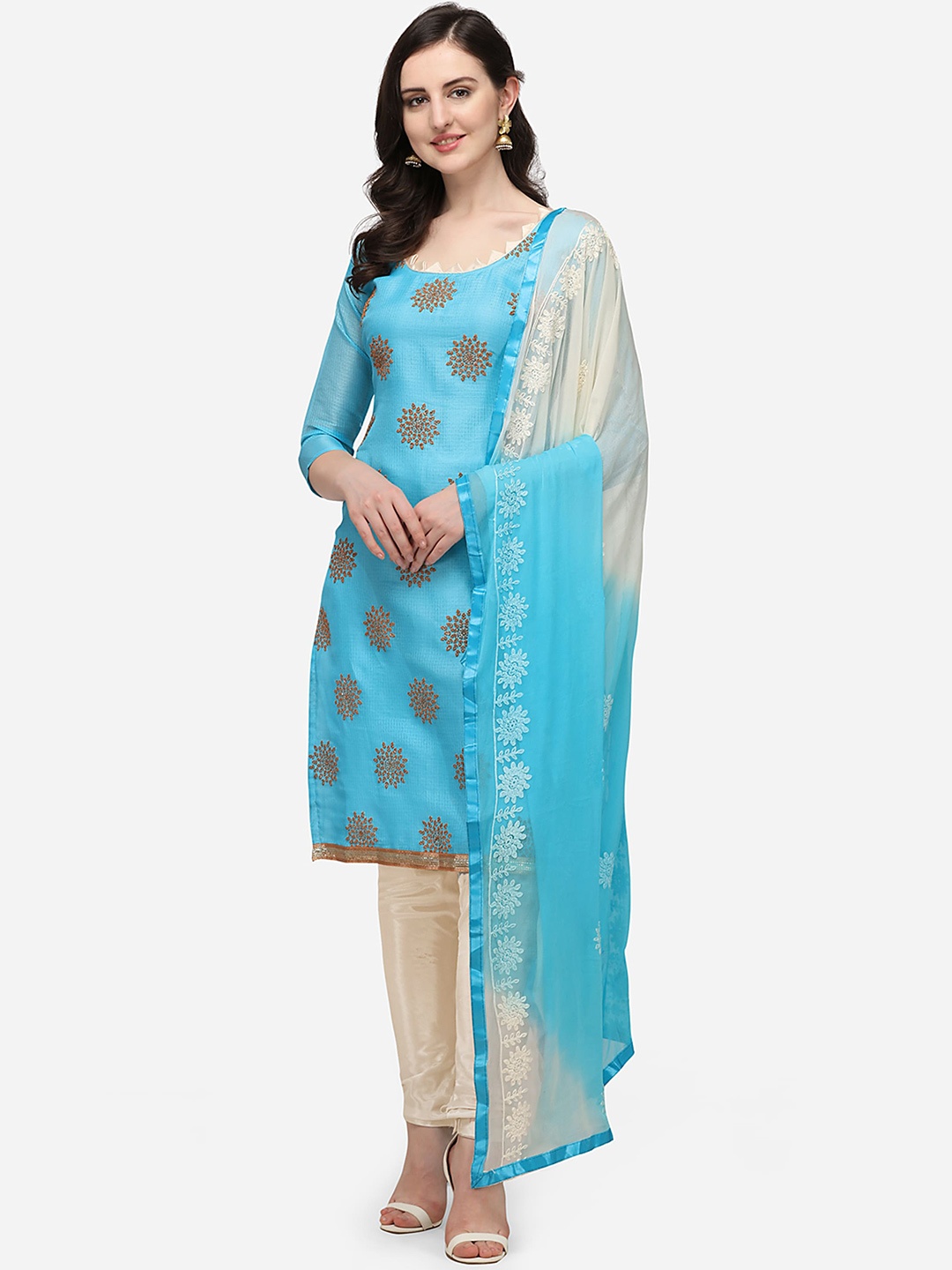 

RAJGRANTH Blue & Cream-Coloured Embroidered Unstitched Dress Material