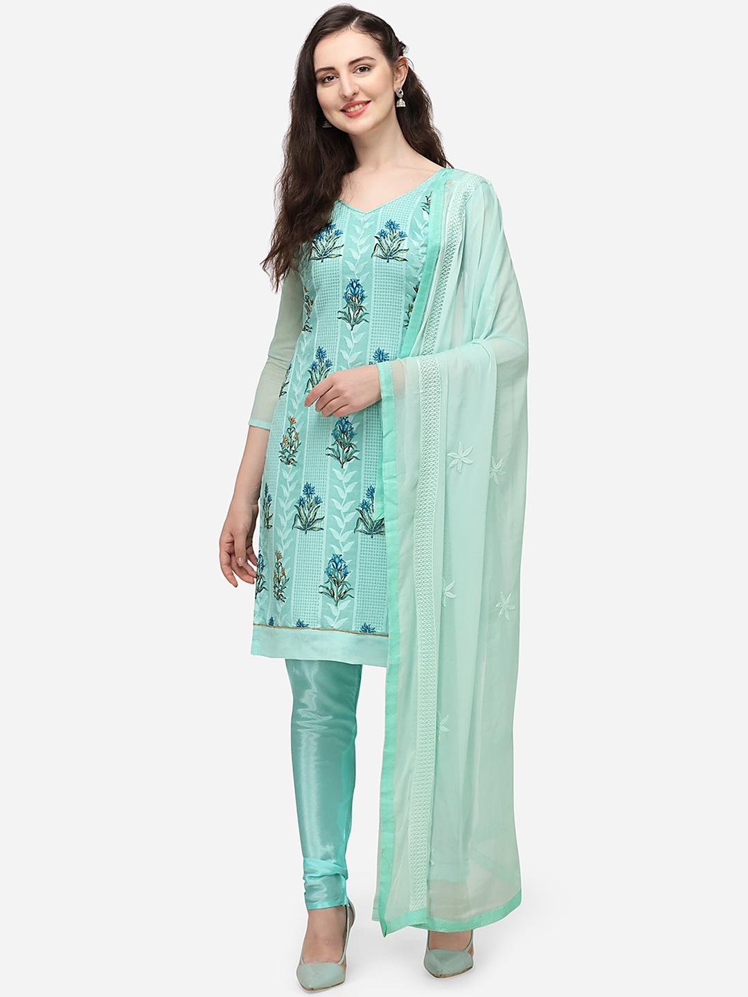 

RAJGRANTH Women Blue Printed Chanderi Aari Work Unstitched Dress Material