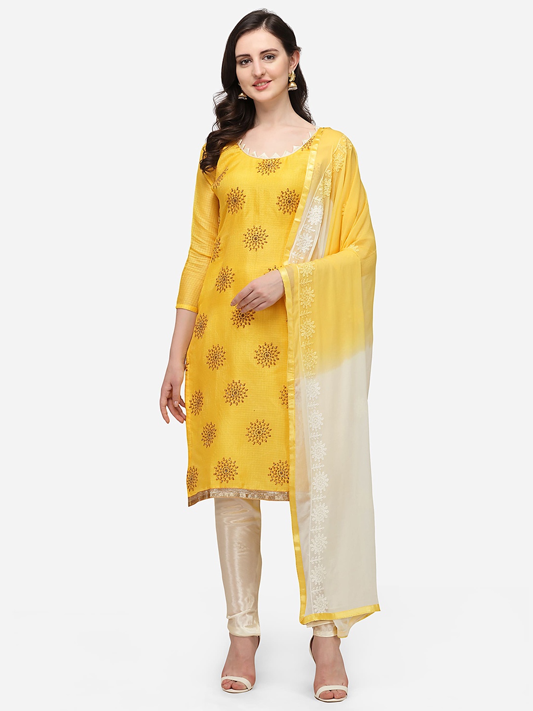 

RAJGRANTH Yellow & Cream-Coloured Printed Unstitched Dress Material