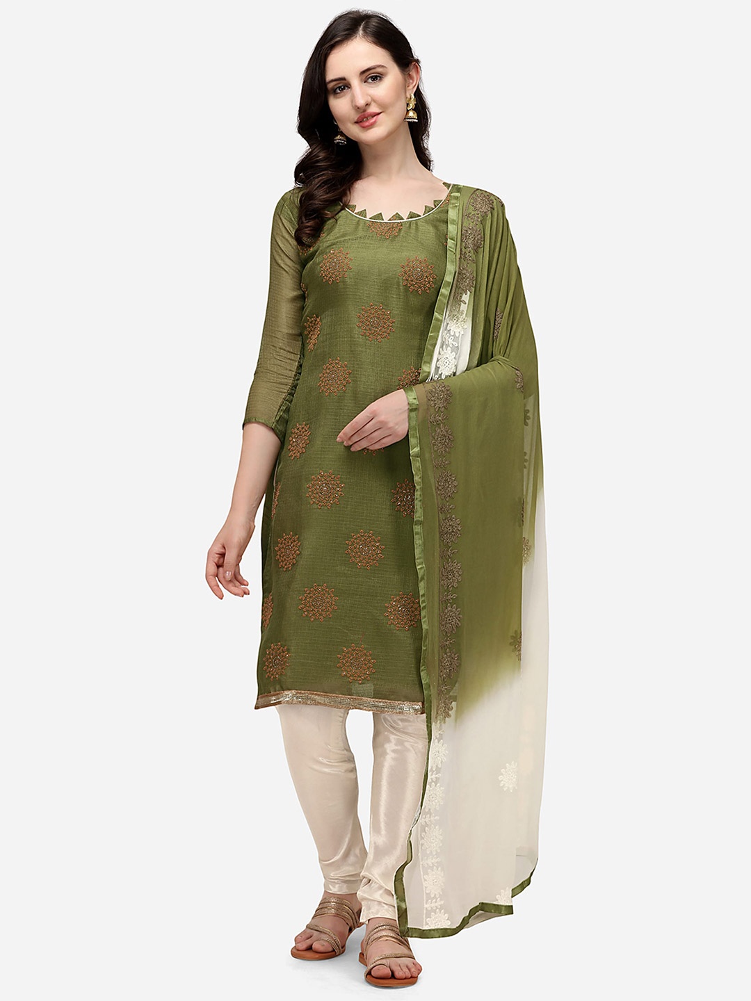 

RAJGRANTH Green & Cream-Coloured Embroidered Unstitched Dress Material