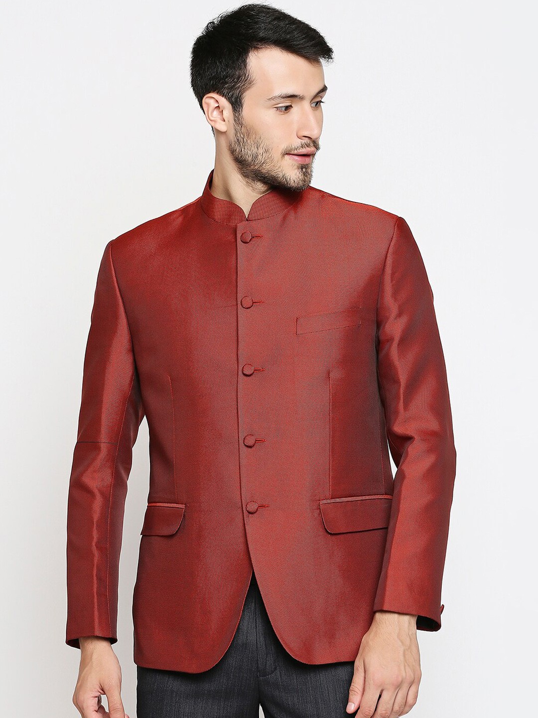 

Blacksmith Men Red Solid Bandhgala Formal Blazer