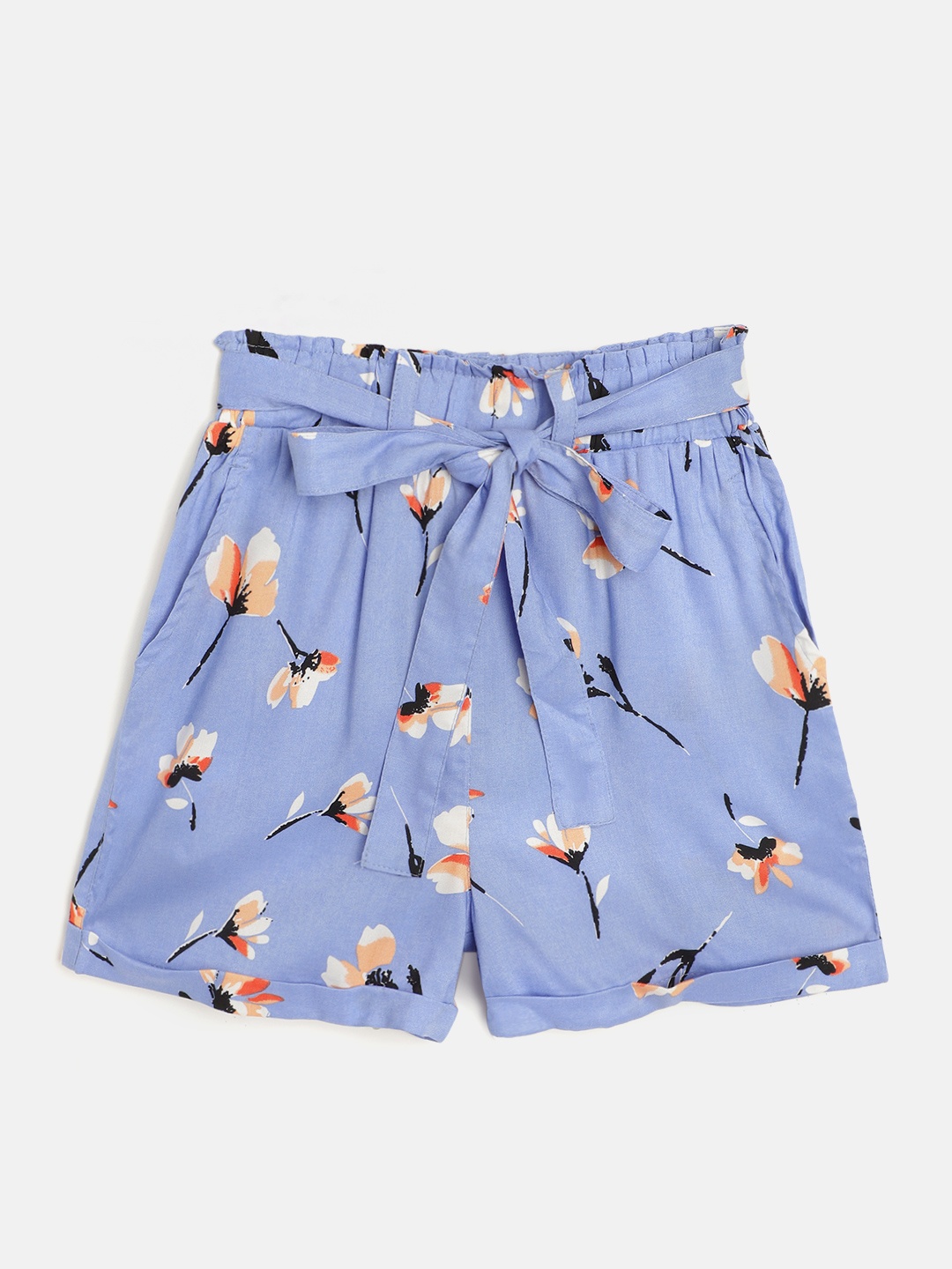 

luyk Girls Blue & Peach-Coloured Floral Print Shorts with Belt