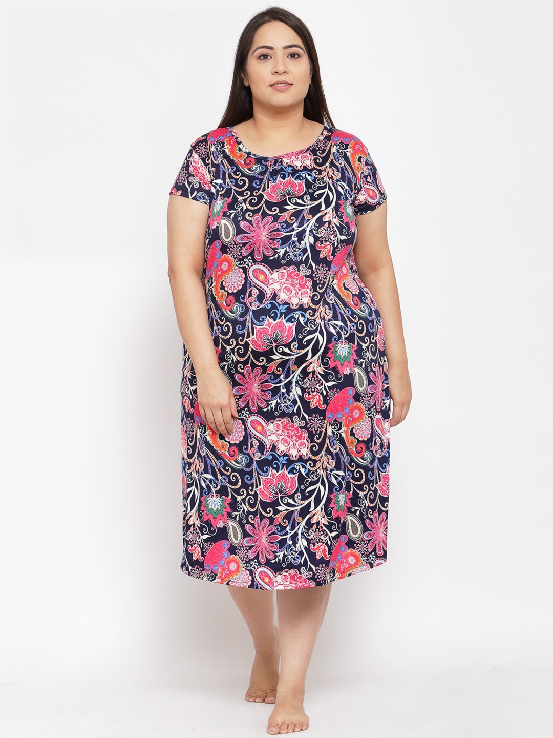 KLOTTHE Women Plus Size Navy Blue Floral Printed Nightdress