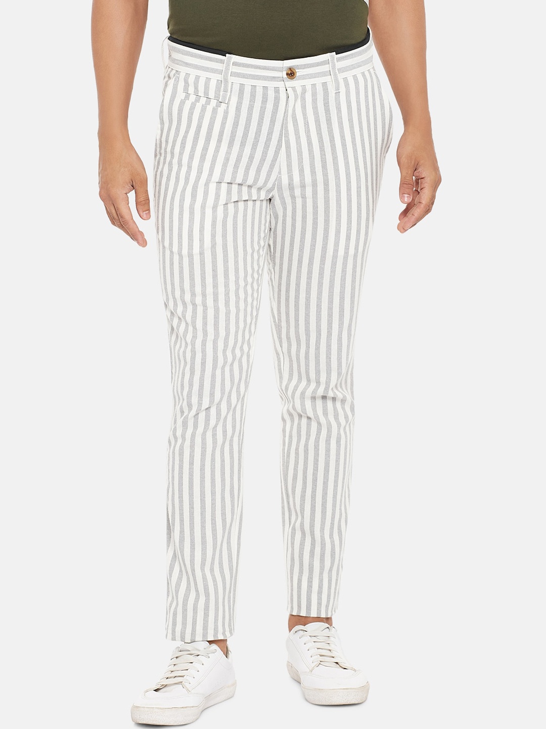 

People Men Grey Striped Slim Fit Trousers