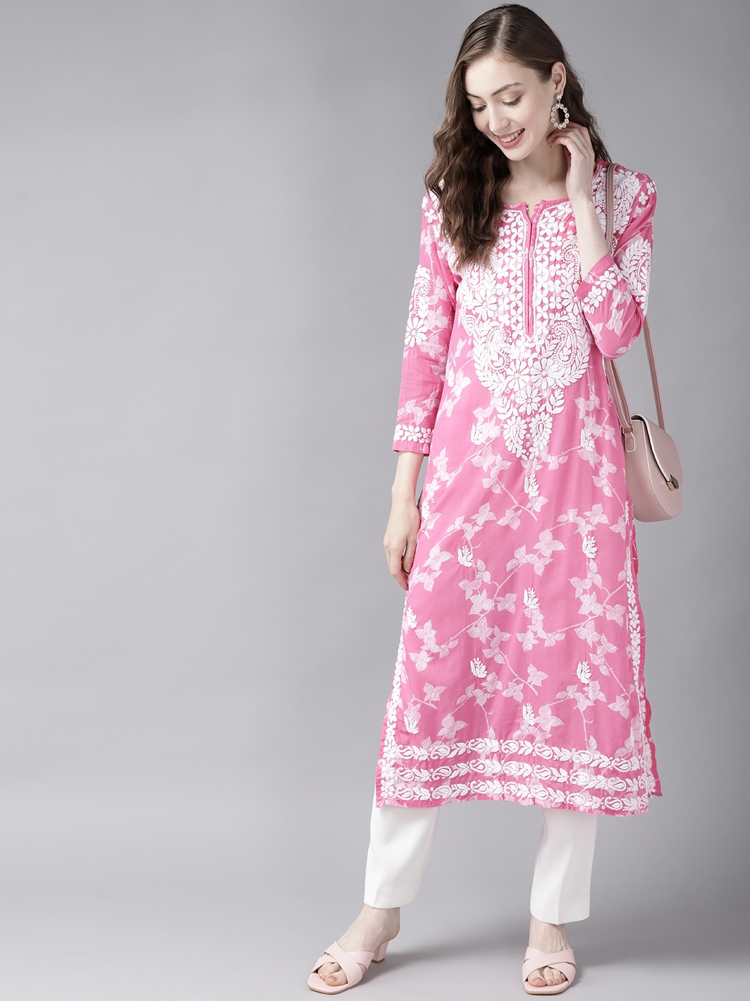 

ADA Women Pink & White Pure Cotton Chikankari Embroidered Sustainable Kurta