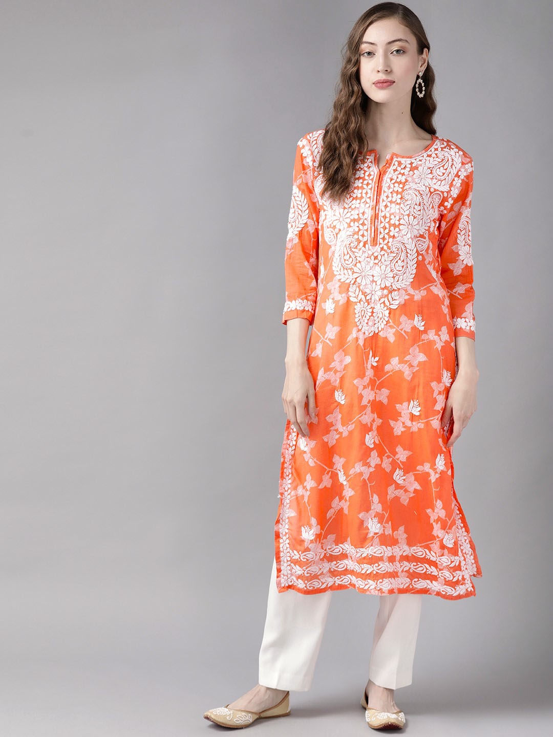 

ADA Women Orange & White Pure Cotton Chikankari Embroidered Sustainable Kurta