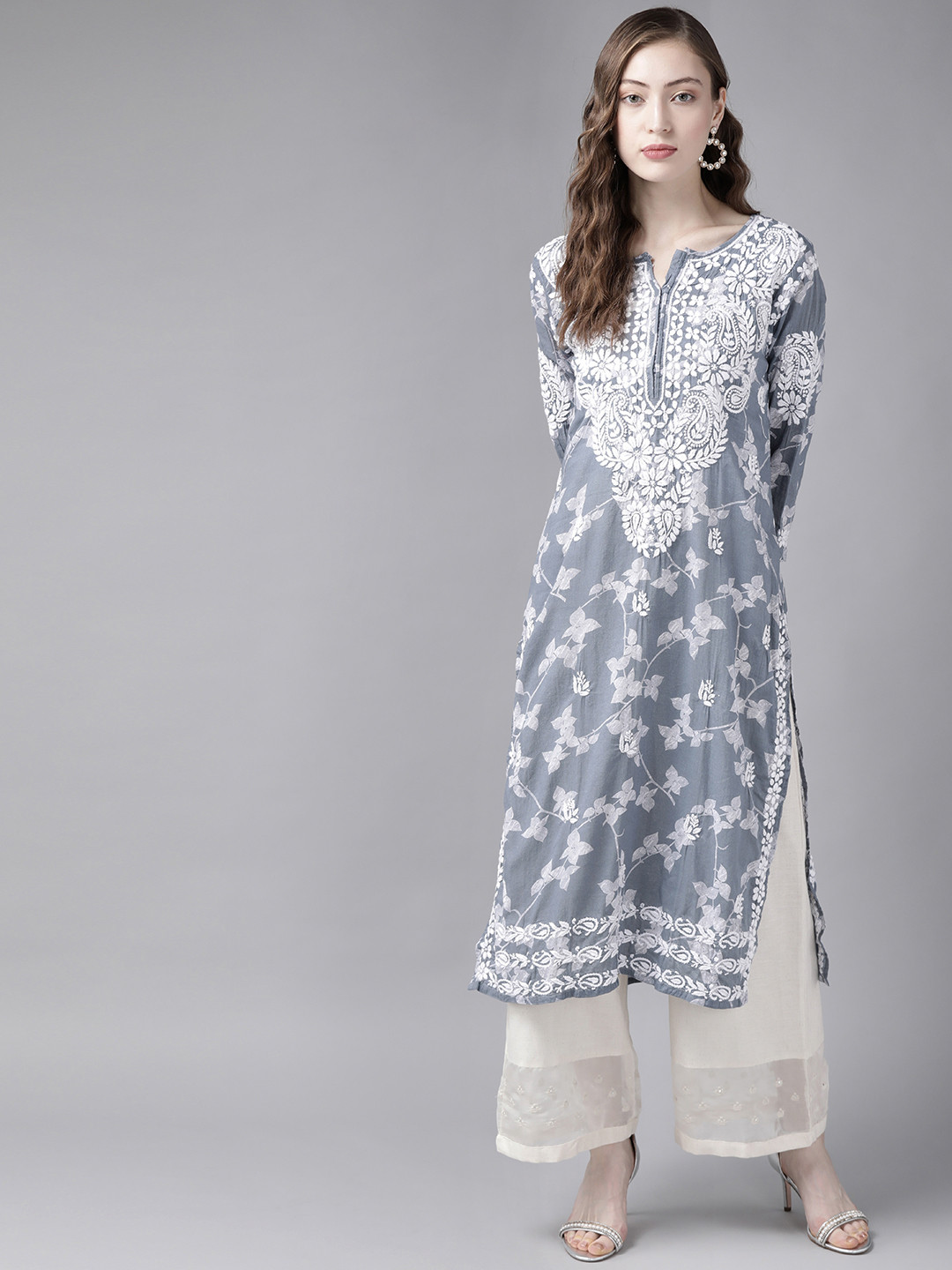 

ADA Women Grey & White Pure Cotton Chikankari Embroidered Sustainable Kurta