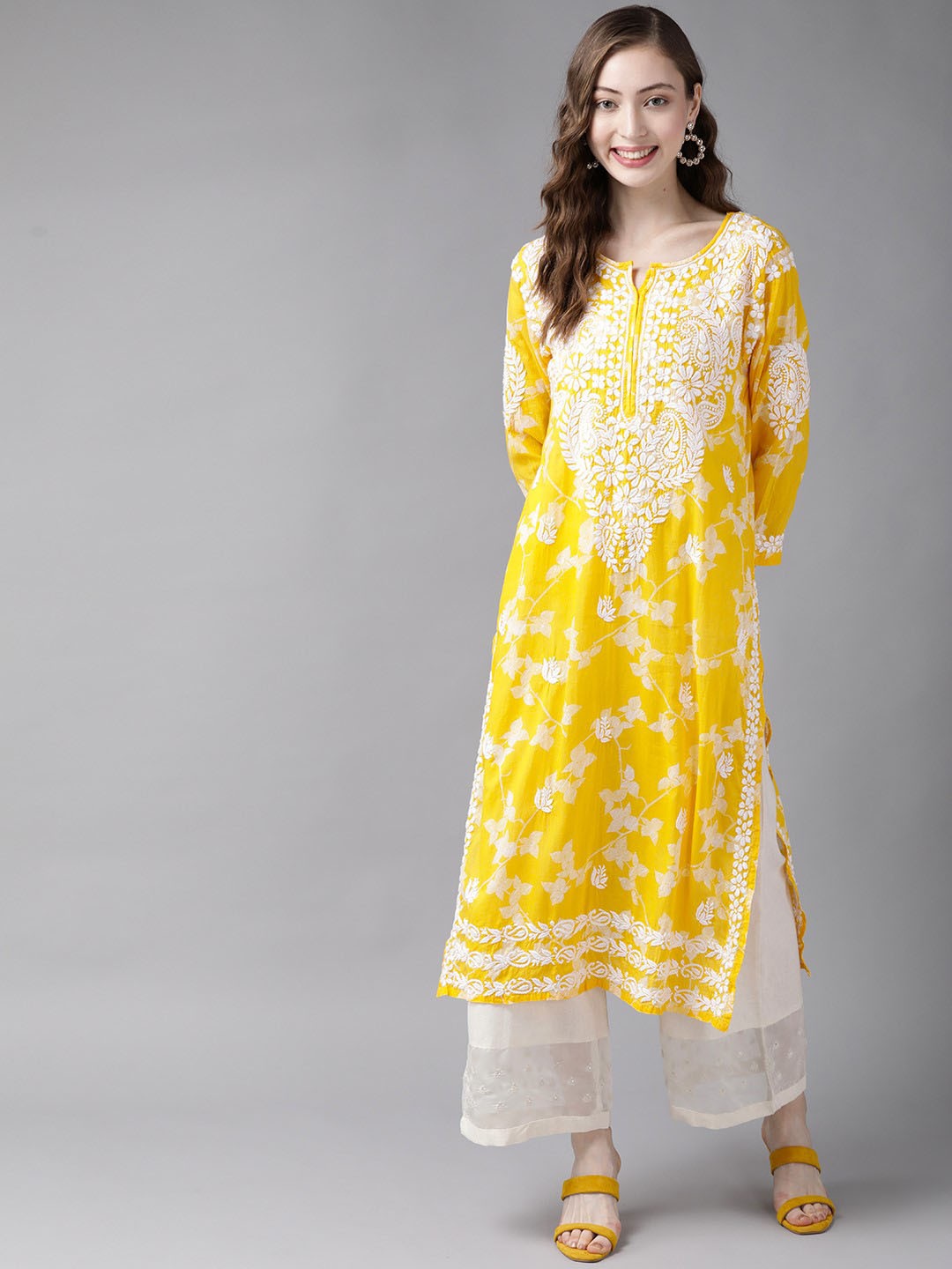 

ADA Women Yellow & Off White Chikankari Embroidered Straight Kurta