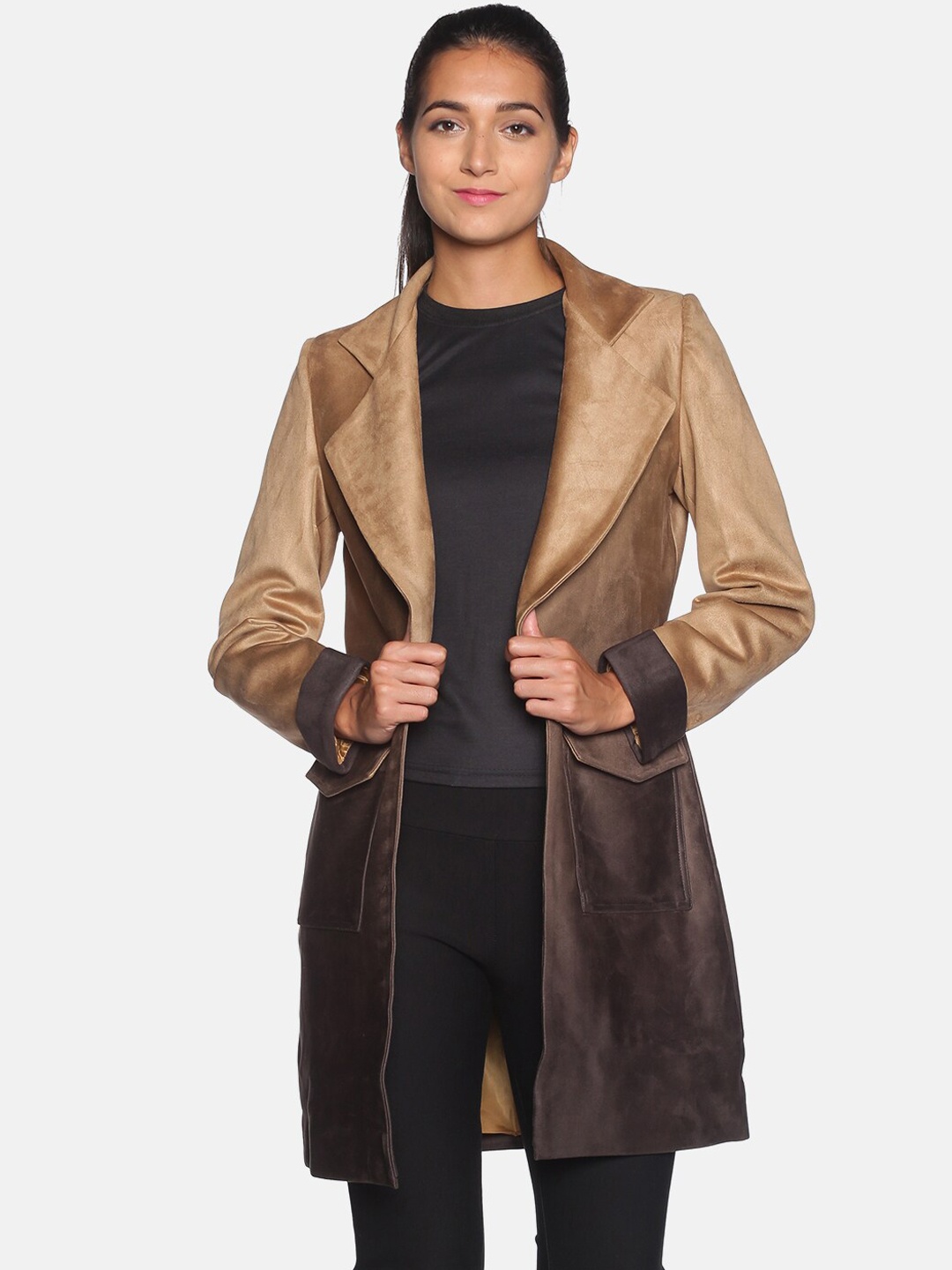 

Campus Sutra Women Tan-Brown & Coffee-Brown Solid Single-Breasted Long Overcoat