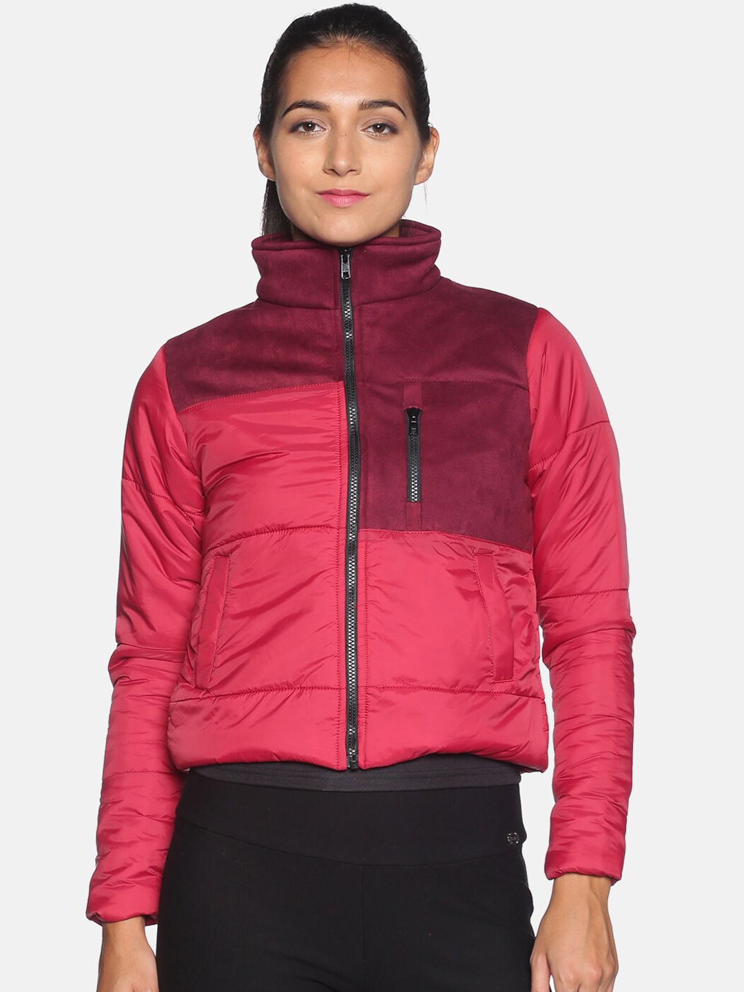 

Campus Sutra Women Red Colourblocked Windcheater Puffer Jacket