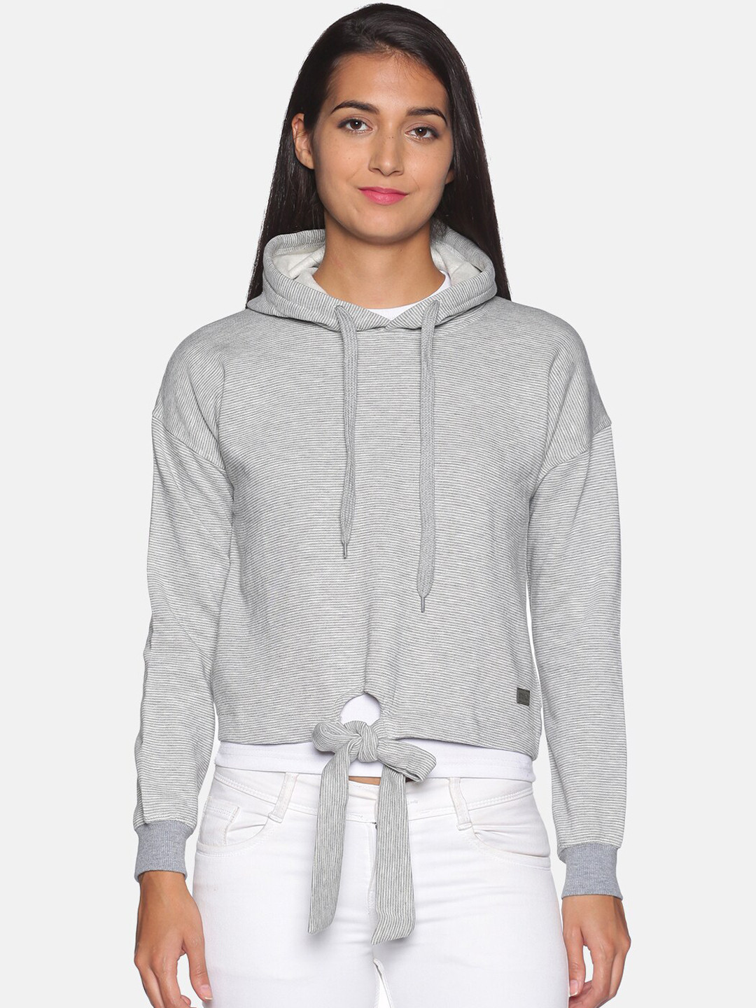 

Campus Sutra Women Grey & White Striped Front Knot Hooded Crop Sweatshirt