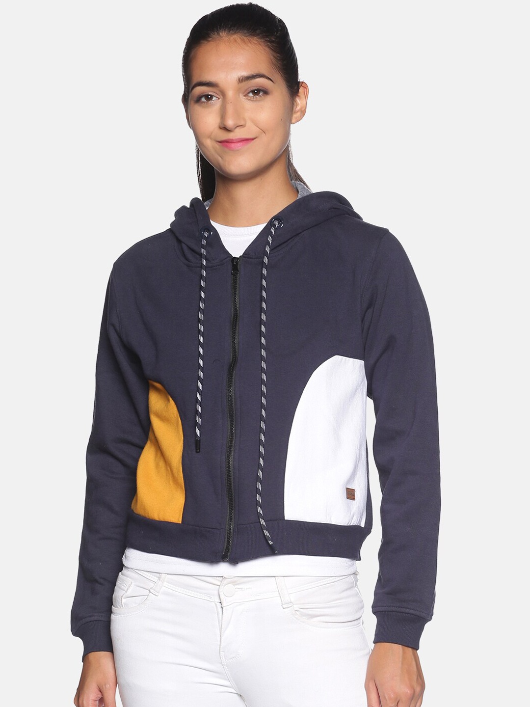 

Campus Sutra Women Navy Blue and White Colourblocked Hooded Sweatshirt