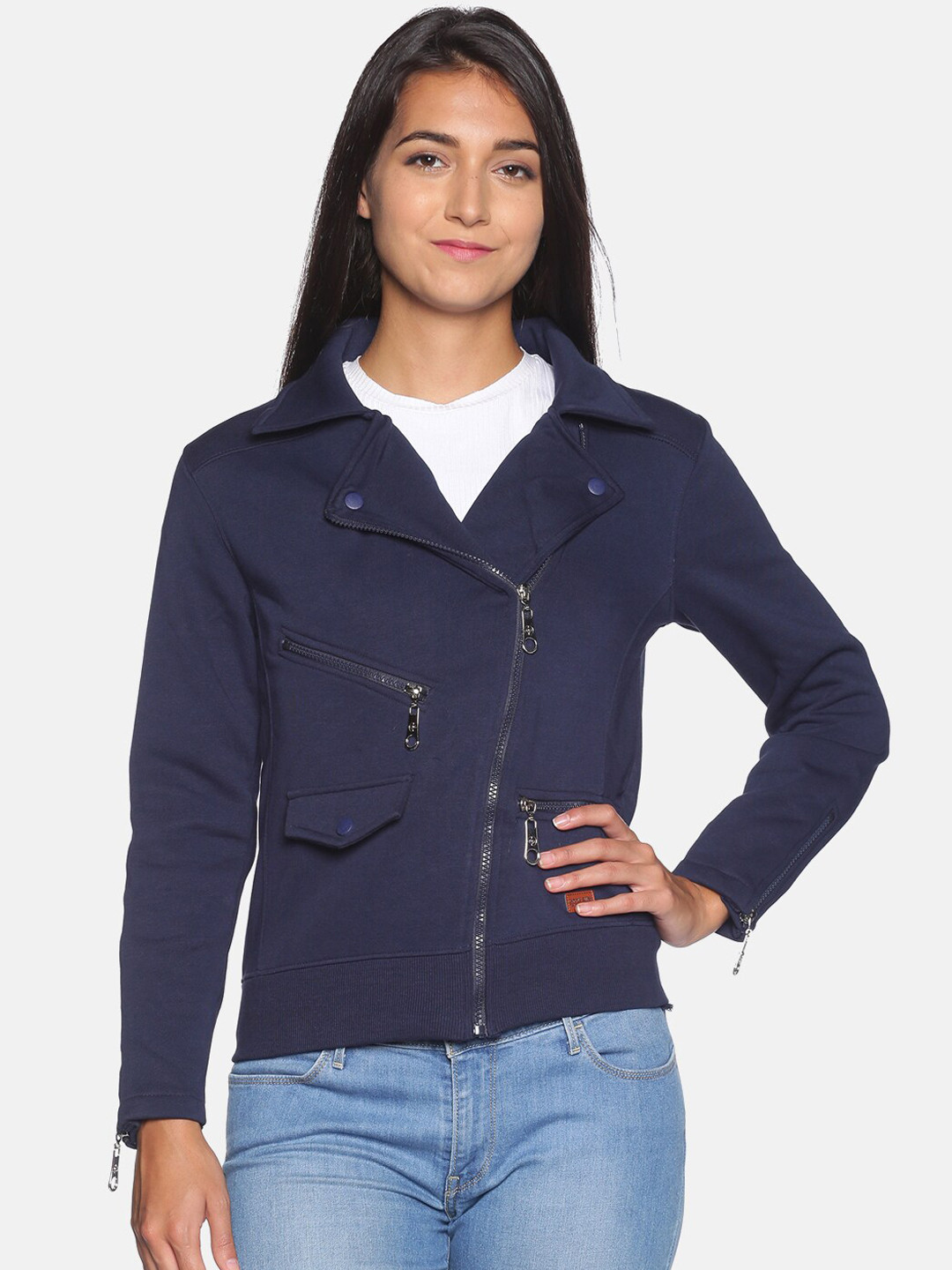 

Campus Sutra Women Navy Blue Windcheater Biker Jacket