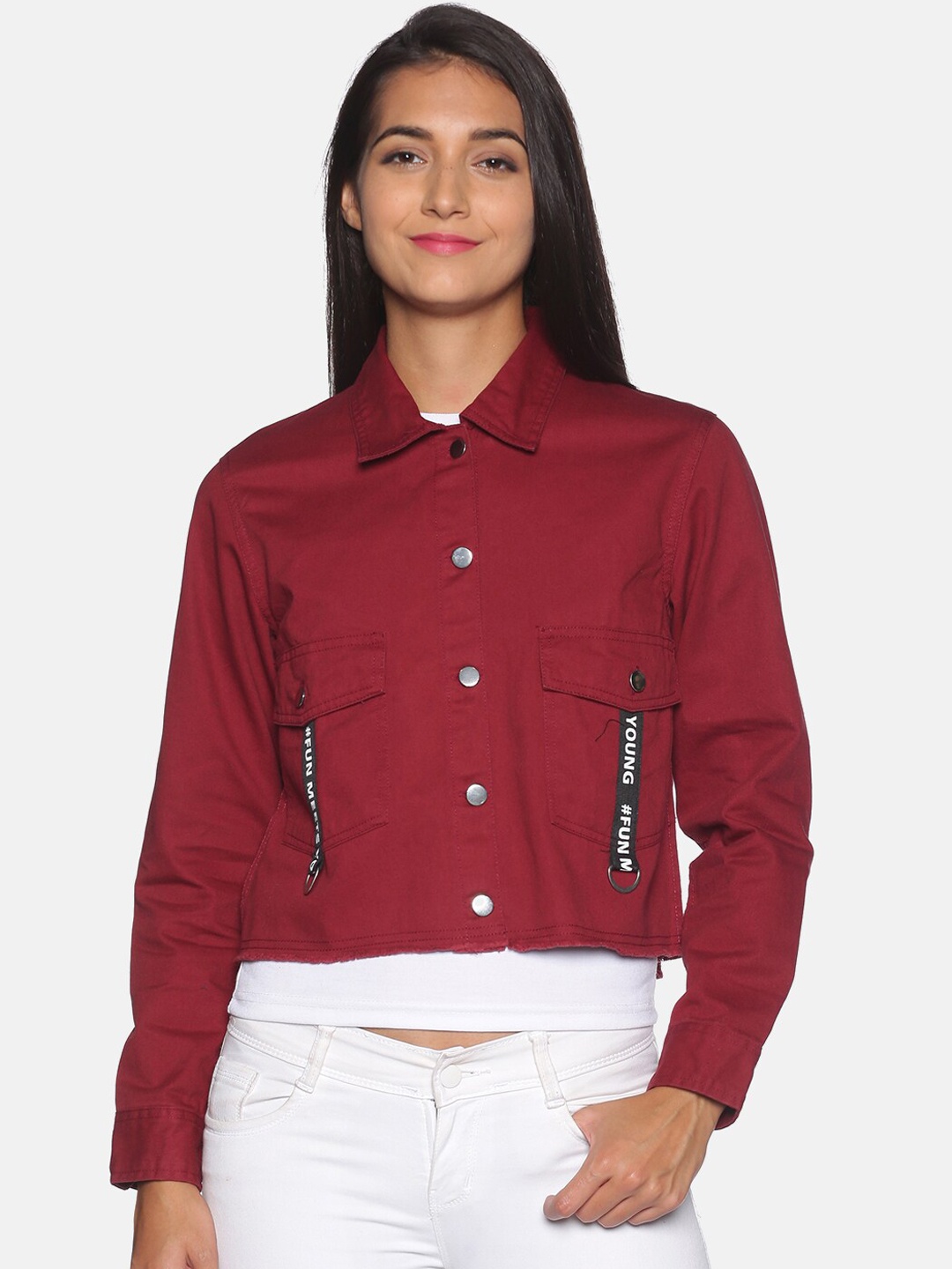 

Campus Sutra Women Maroon Windcheater Crop Denim Jacket