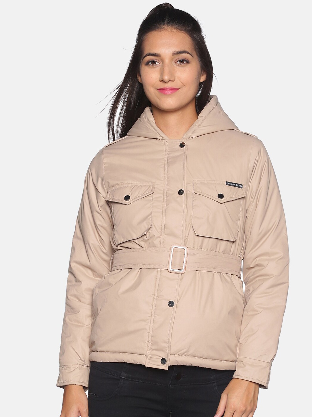 

Campus Sutra Women Beige Windcheater Belted Bomber Jacket