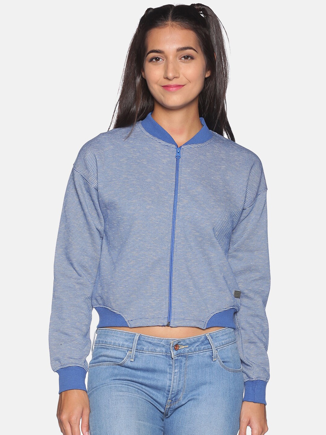 

Campus Sutra Women Blue Striped Bomber Jacket