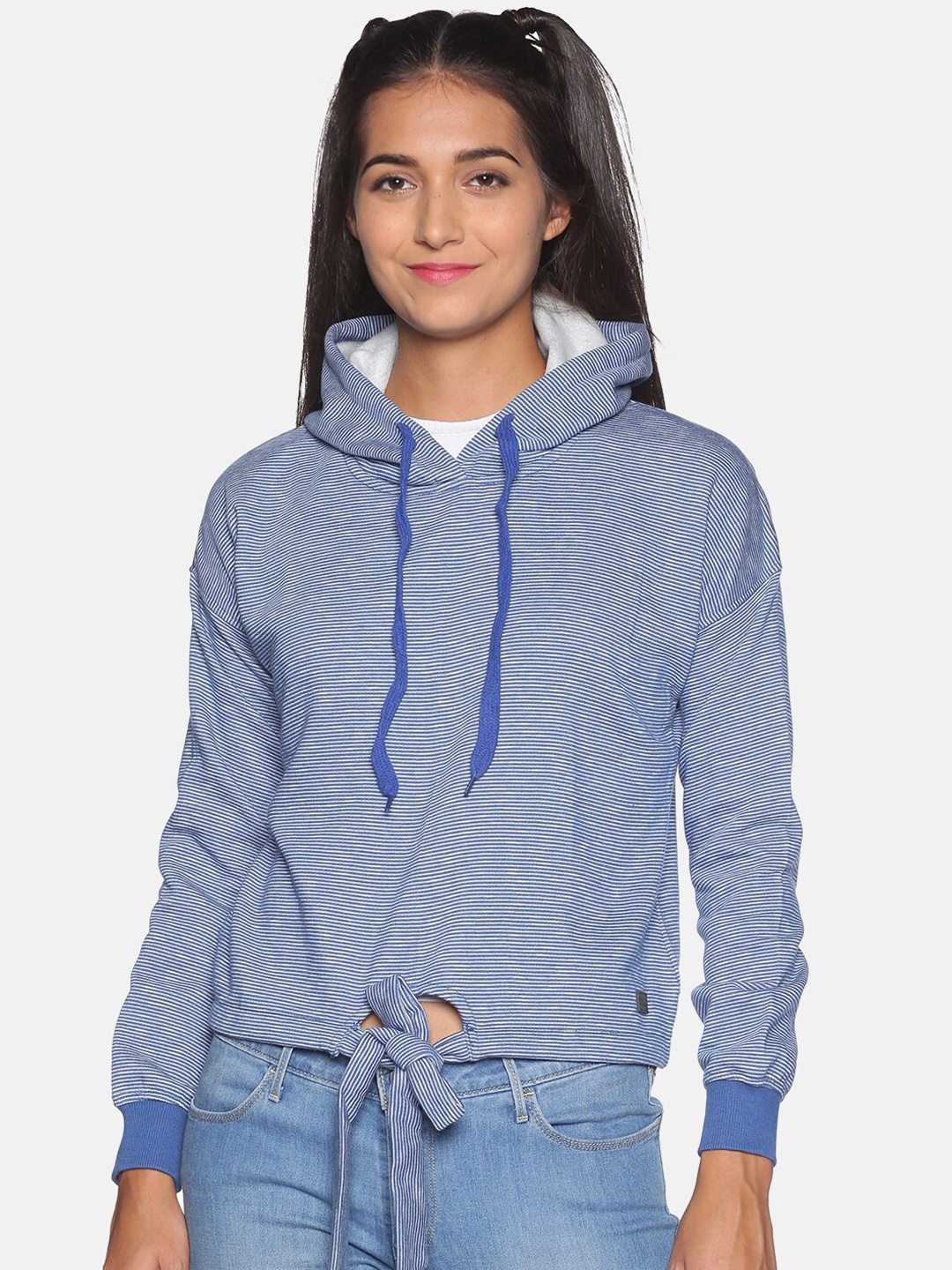 

Campus Sutra Women Blue Striped Hooded Sweatshirt