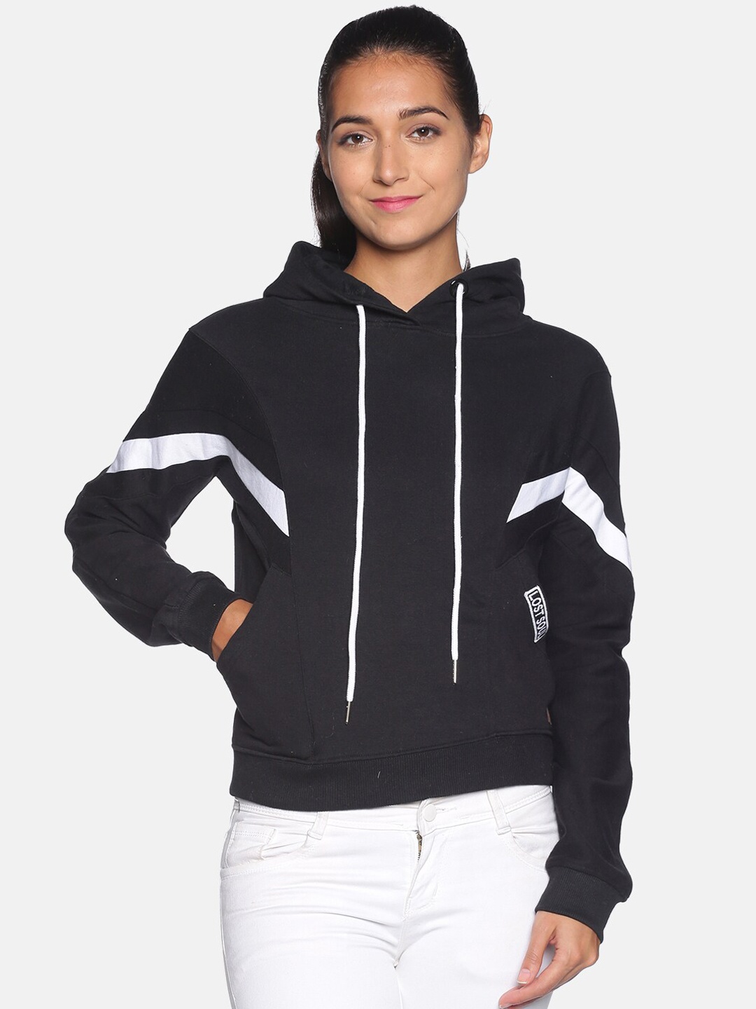 

Campus Sutra Women Black Hooded Sweatshirt