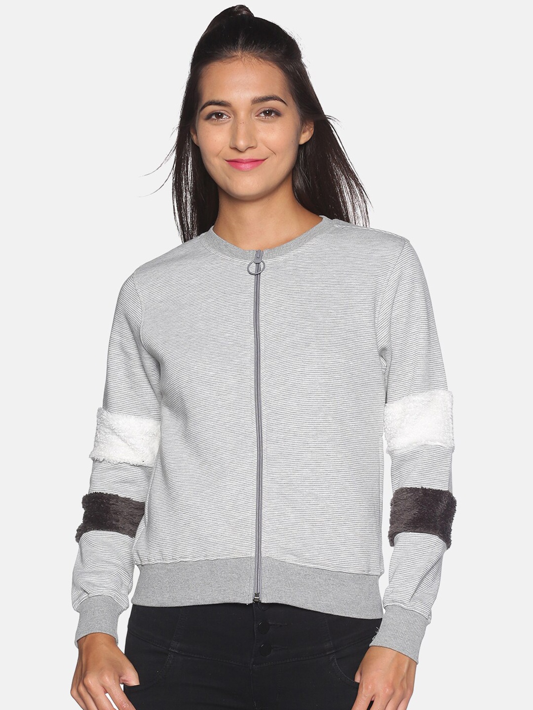 

Campus Sutra Women Grey and White Striped Front Open Sweatshirt