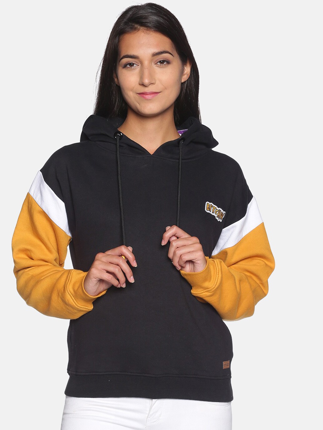 

Campus Sutra Women Black and Mustard Colourblocked Hooded Sweatshirt