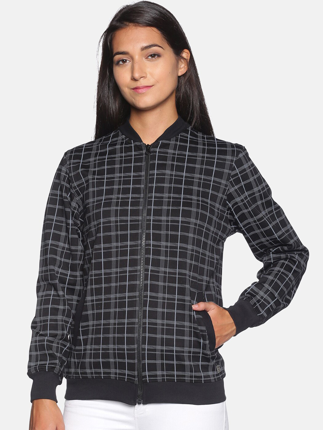 

Campus Sutra Women Black & White Checked Windcheater Bomber Jacket