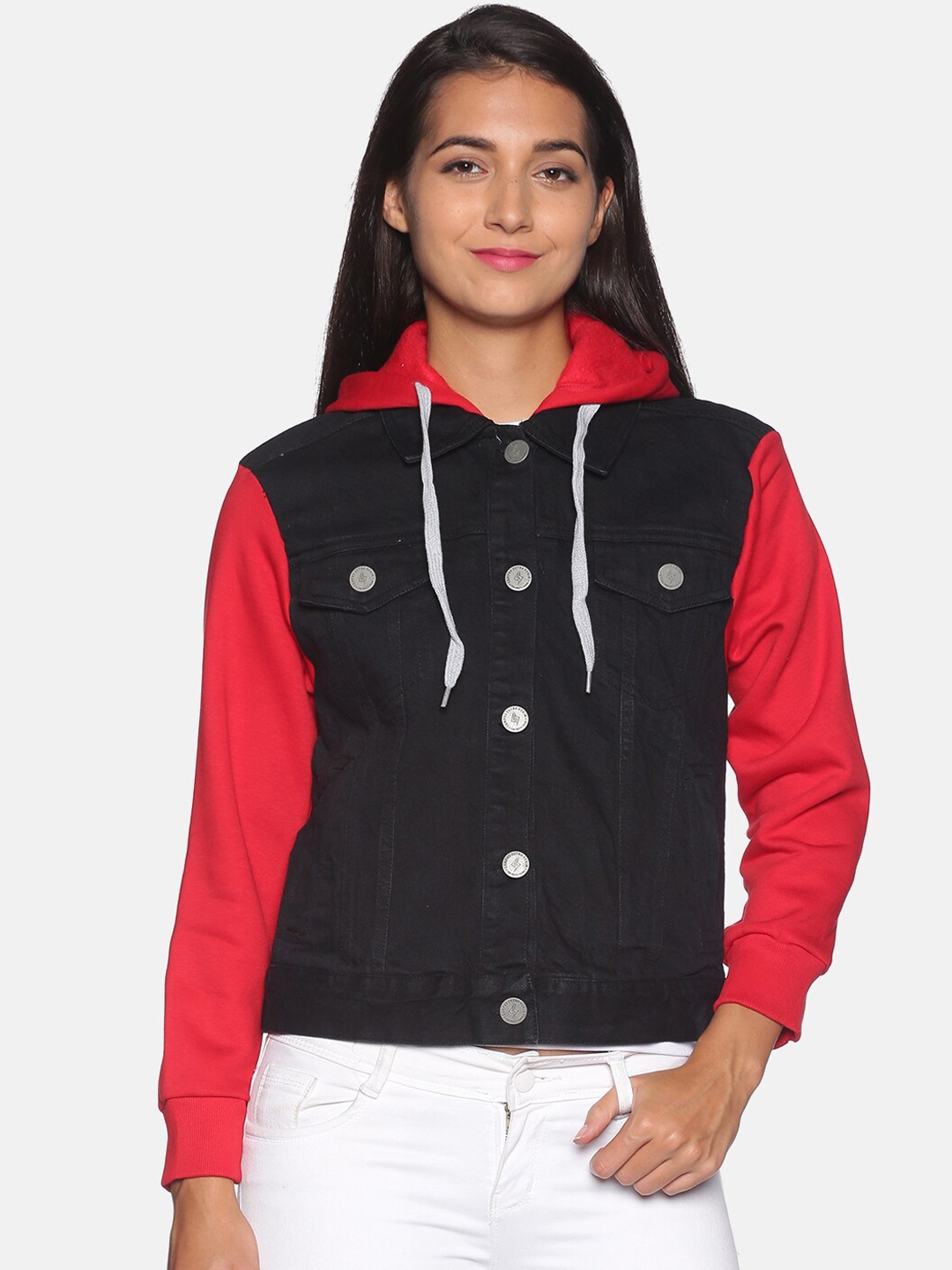 

Campus Sutra Women Black Red Colourblocked Windcheater Denim Jacket