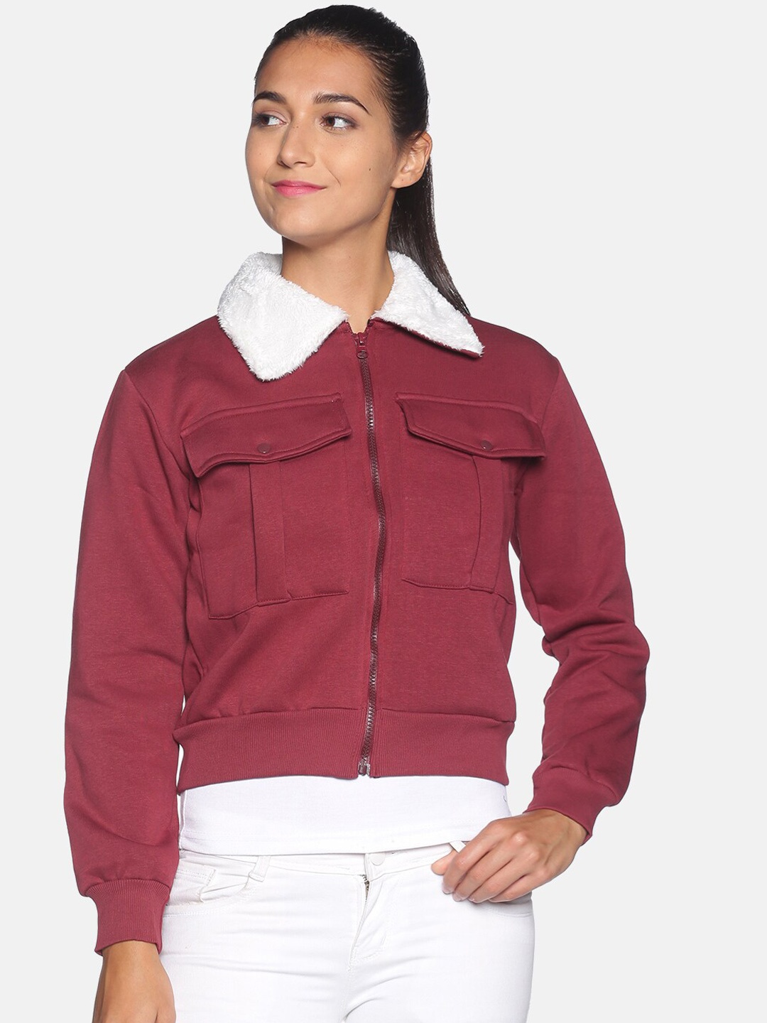 

Campus Sutra Women Maroon & White Windcheater Bomber Jacket