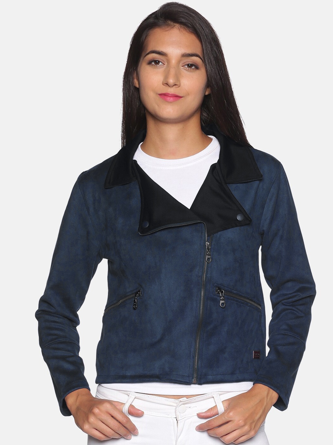 

Campus Sutra Women Suede Crop Biker Jacket, Navy blue