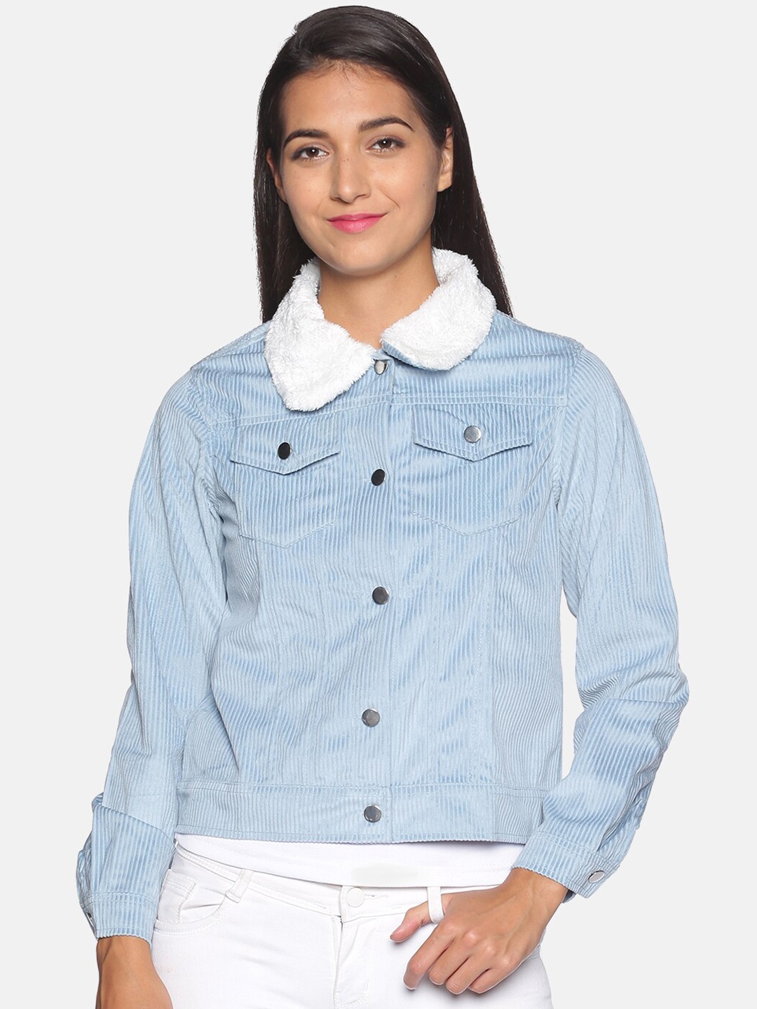 

Campus Sutra Women Blue and White Contrast Faux Fur Collar Crop Denim Jacket