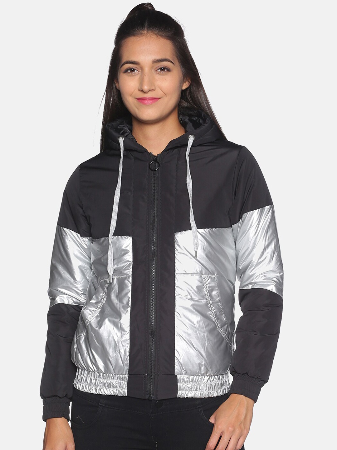 

Campus Sutra Women Black and Silver Colourblocked Windcheater Bomber Jacket