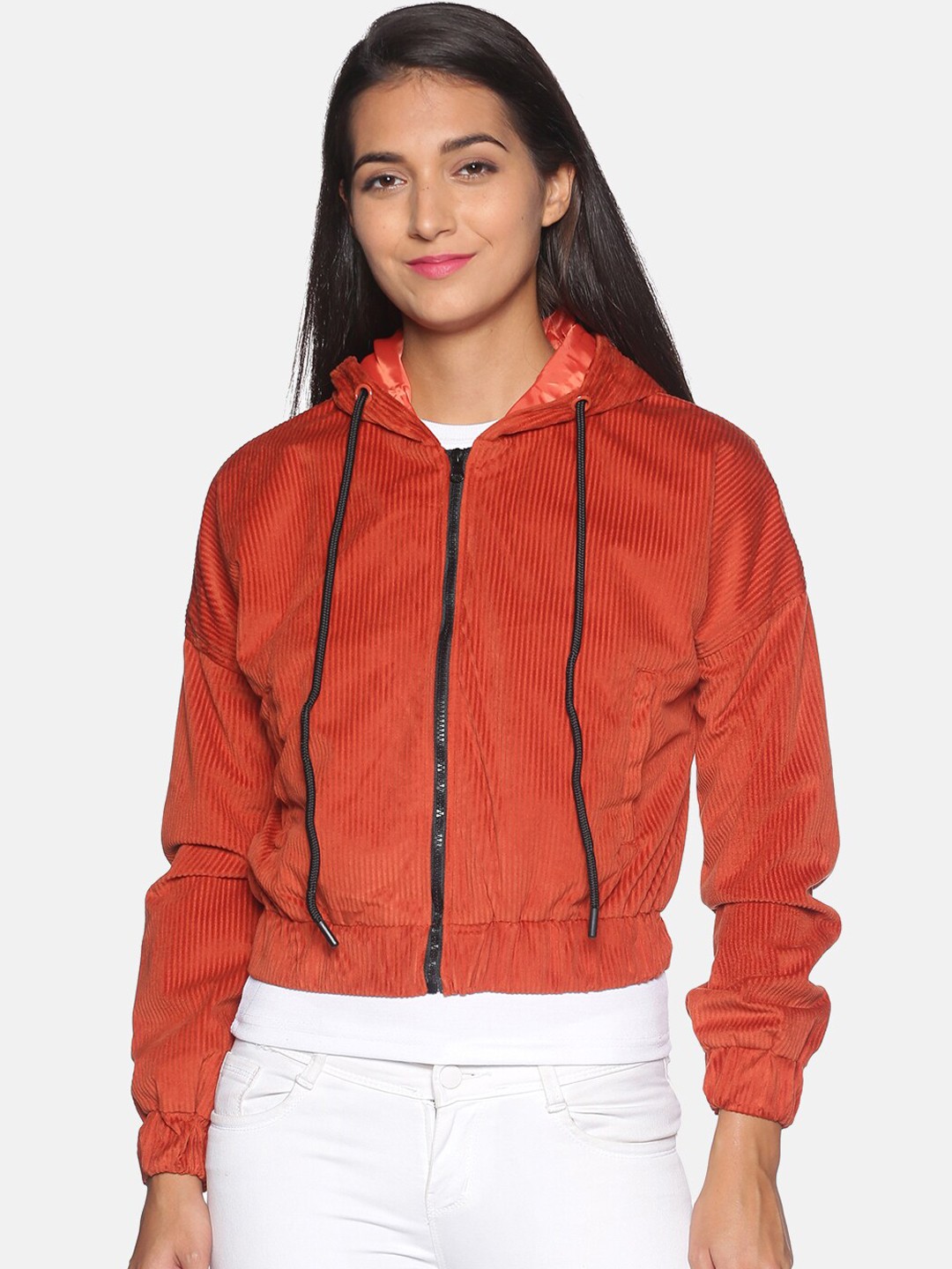 

Campus Sutra Women Orange Hooded Biker Jacket