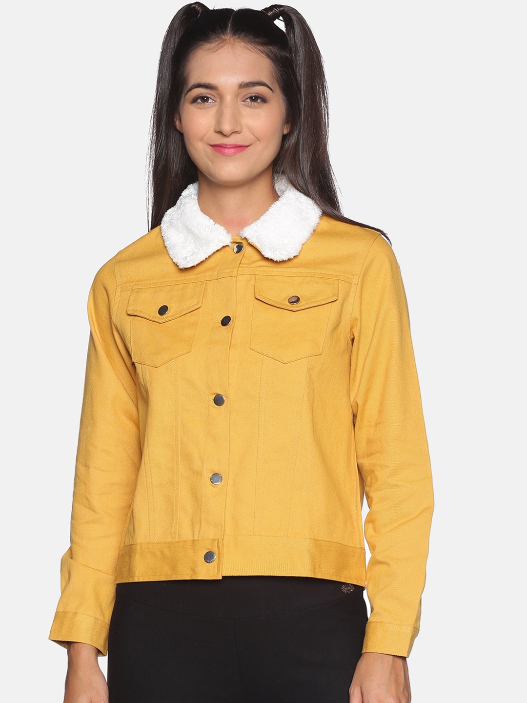 

Campus Sutra Women Mustard and White Contrast Collar Denim Jacket