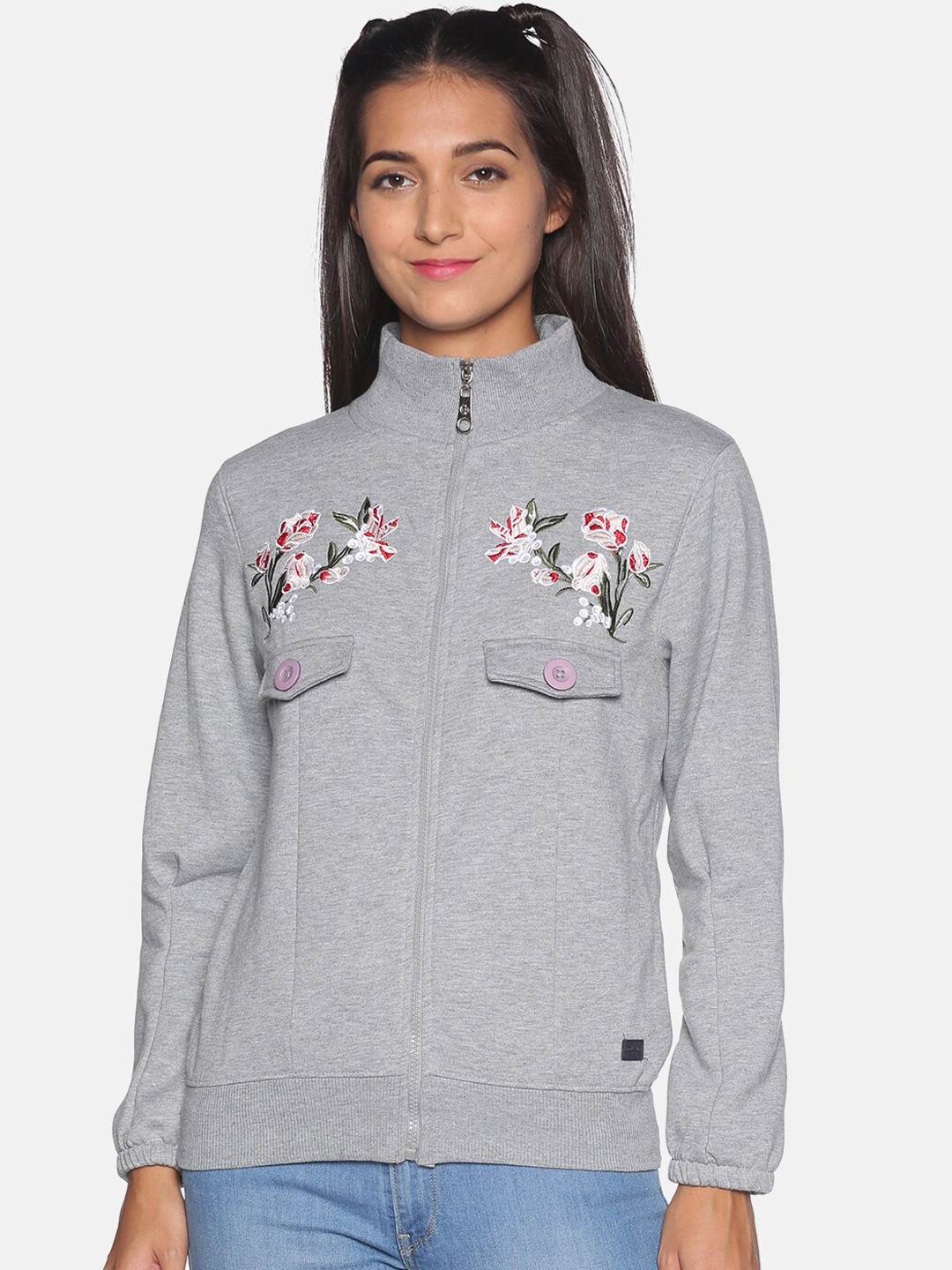 

Campus Sutra Women Grey & Red Embroidered Front-Open Sweatshirt