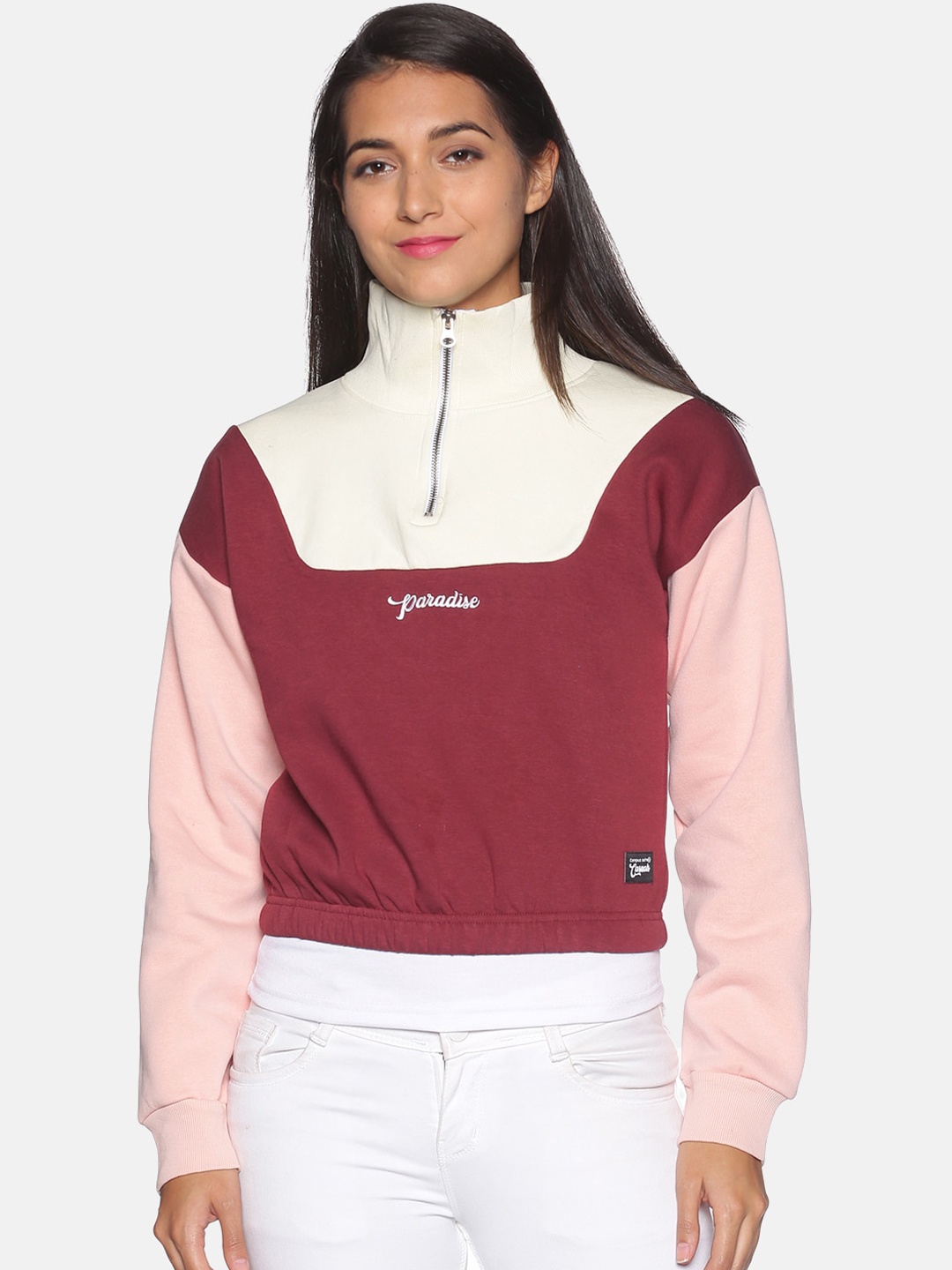 

Campus Sutra Women Maroon & White Colourblocked Sweatshirt