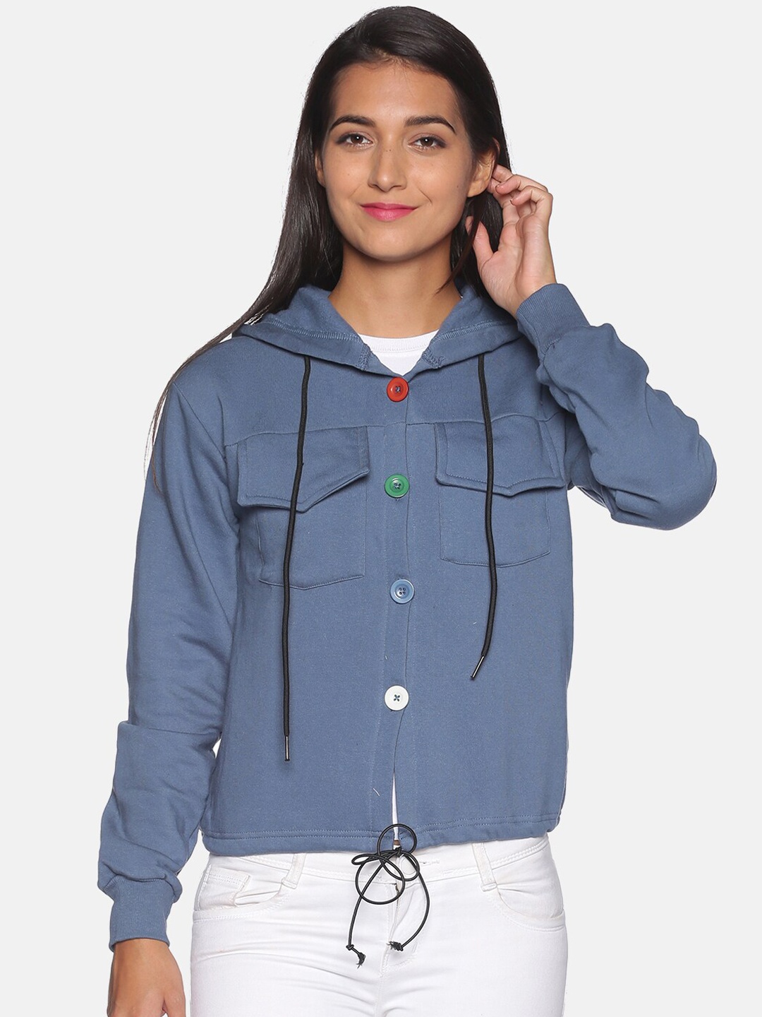 

Campus Sutra Women Blue Front-Open Sweatshirt