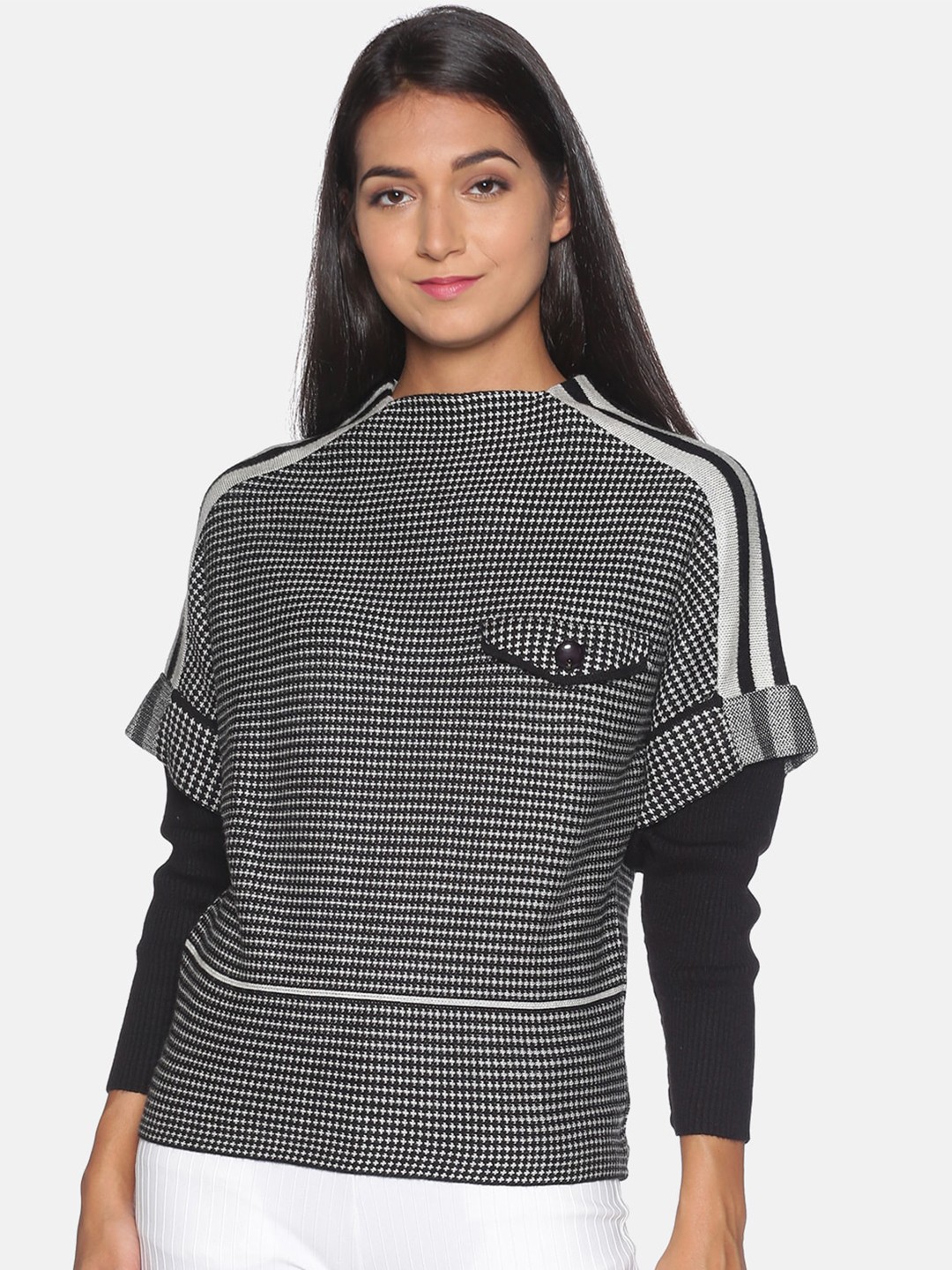 

Campus Sutra Women Black & White Self Checked Pullover