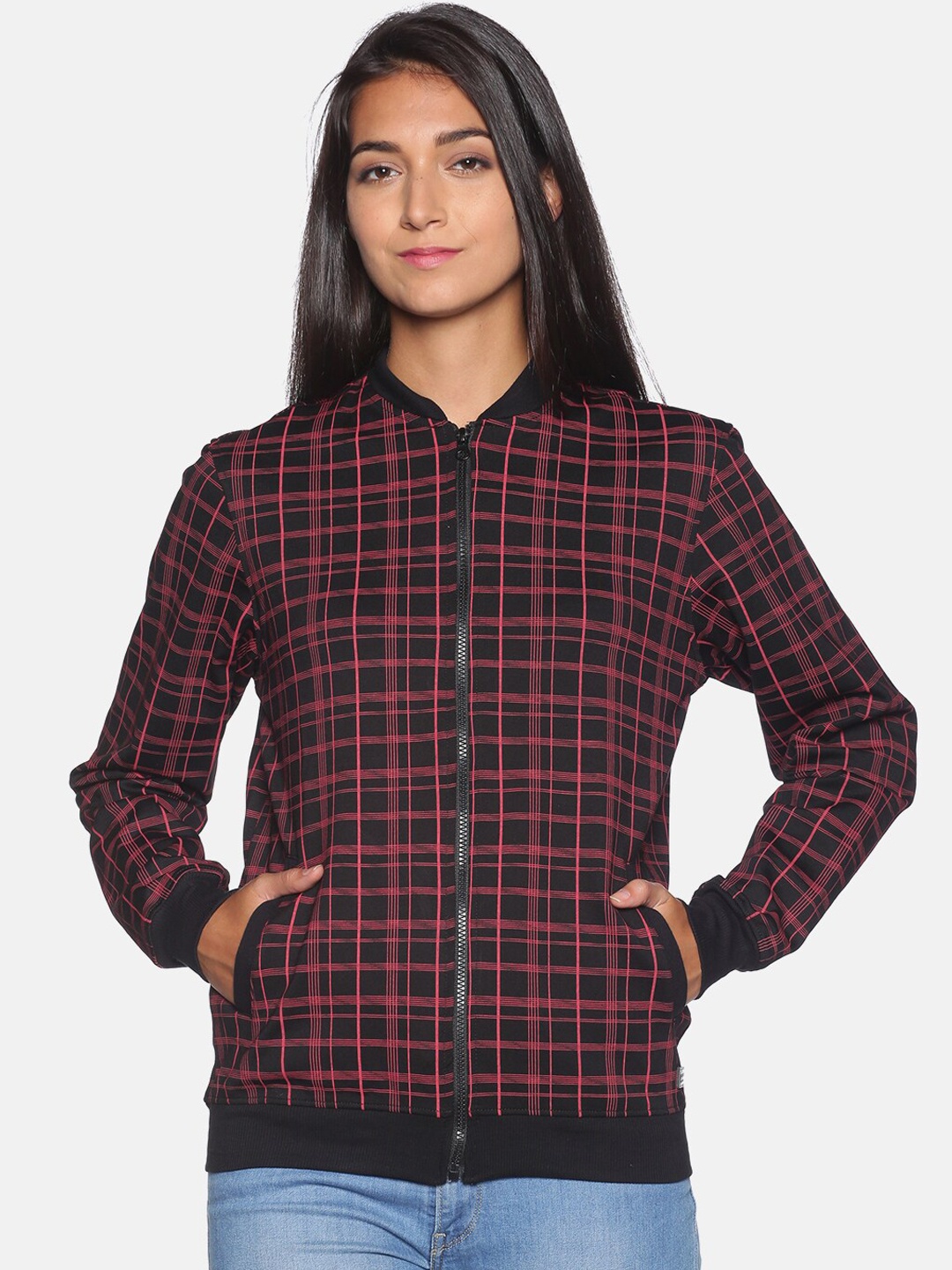 

Campus Sutra Women Black and Red Checked Bomber Jacket