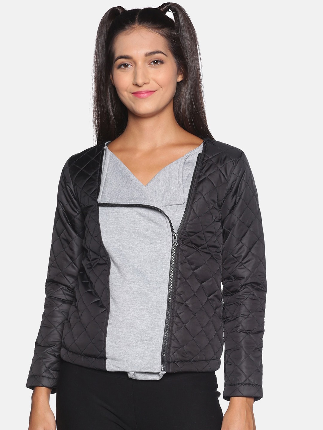 

Campus Sutra Women Black & Grey Colourblocked Quilted Tailored Jacket