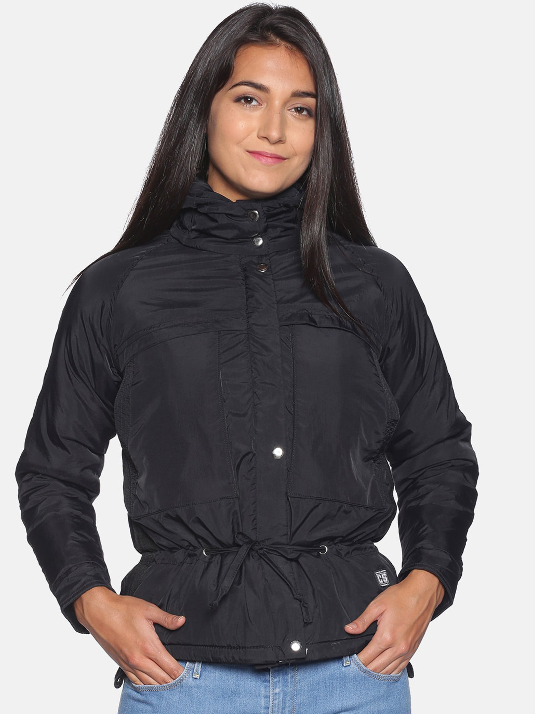 

Campus Sutra Women Black Hooded Windcheater Bomber Jacket