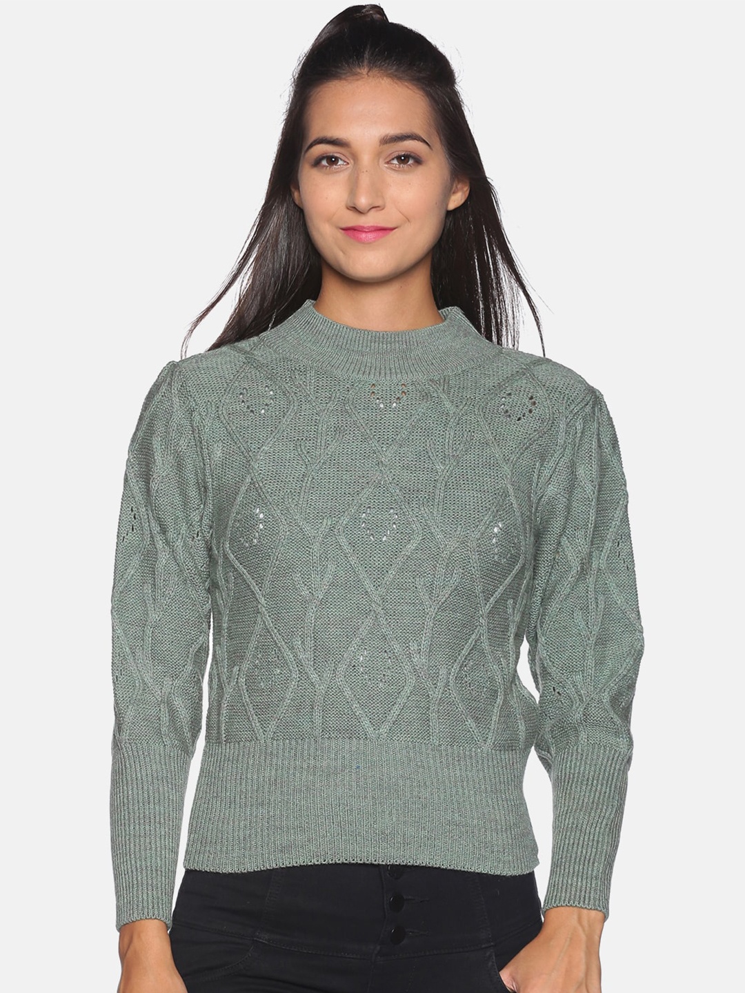 

Campus Sutra Women Green Cable Knit Pullover