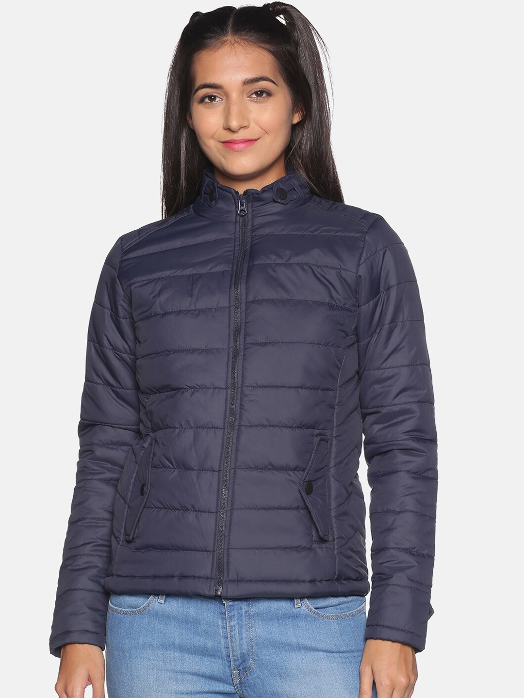 

Campus Sutra Women Navy Blue Striped Windcheater Crop Quilted Jacket