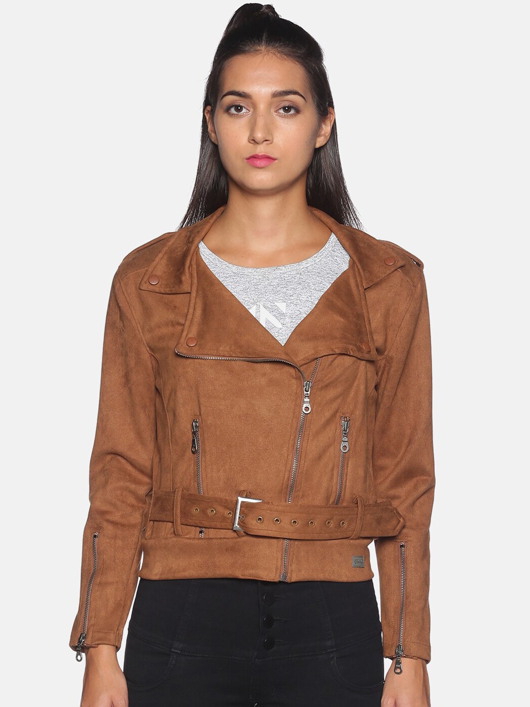 

Campus Sutra Women Brown Suede Crop Biker Jacket with Belt