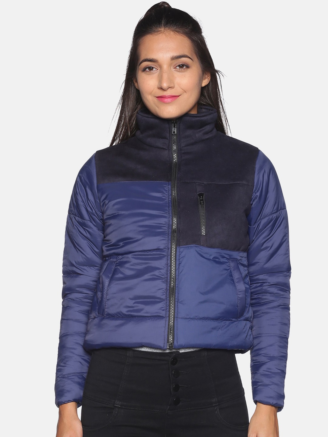 

Campus Sutra Women Navy Blue & Black Colourblocked Windcheater Puffer Jacket